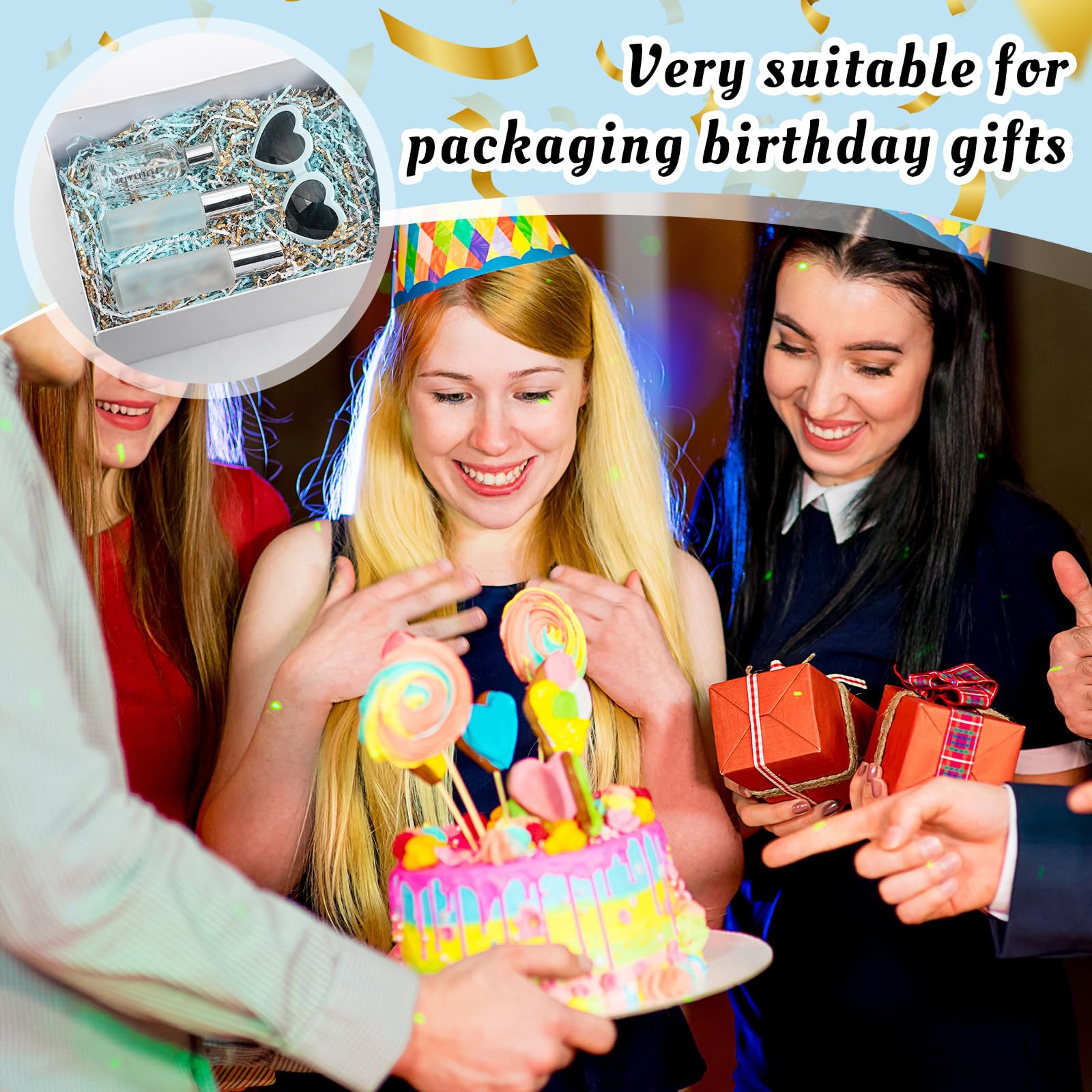 Papel de corte arrugado de 2 libras para cestas de regalo, papel triturado para caja de regalo, papel de rafia azul claro y dorado para embalaje de graduación para fiestas, cumpleaños