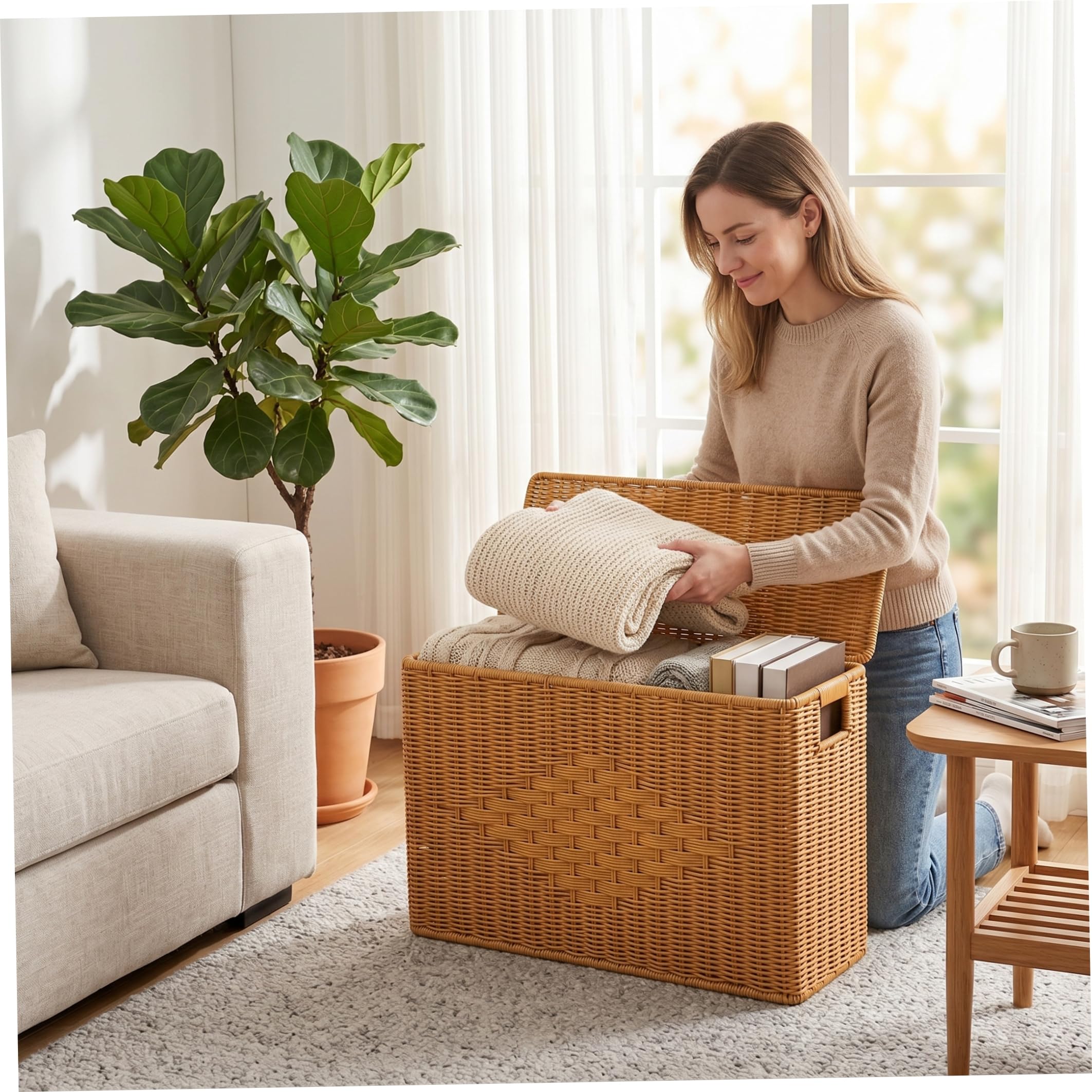 Contenedor de almacenamiento alto y estrecho, cesta estrecha, cesta tejida a mano con tapa, organizador de esquina que ahorra espacio para sala de estar, baño, dormitorio, 15 × 6 × 10 pulgadas
