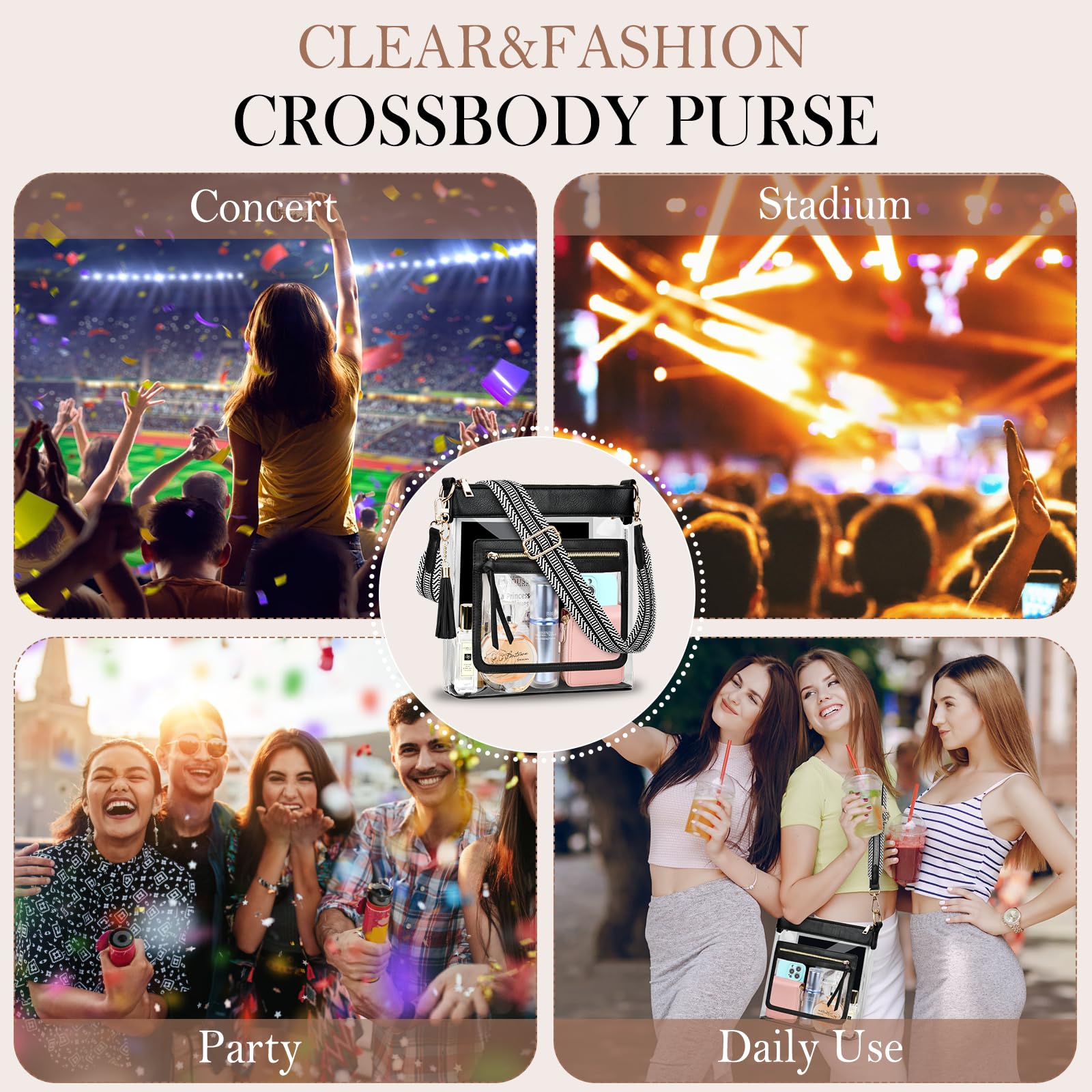 BKNOOU Clear Purses for Women Clear Crossbody Bags Clear Bag for Stadium Events Approved Clear Shoulder Bag for Concert, Black
