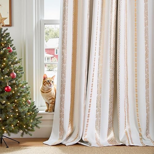Miniatura 5 de jinchan- Cortinas 100% blackout de 63 pulg de largo pdormitorio, estampado geométrico dorado sobre blanco crudo, ctrabillas traseras, oscurecim. de