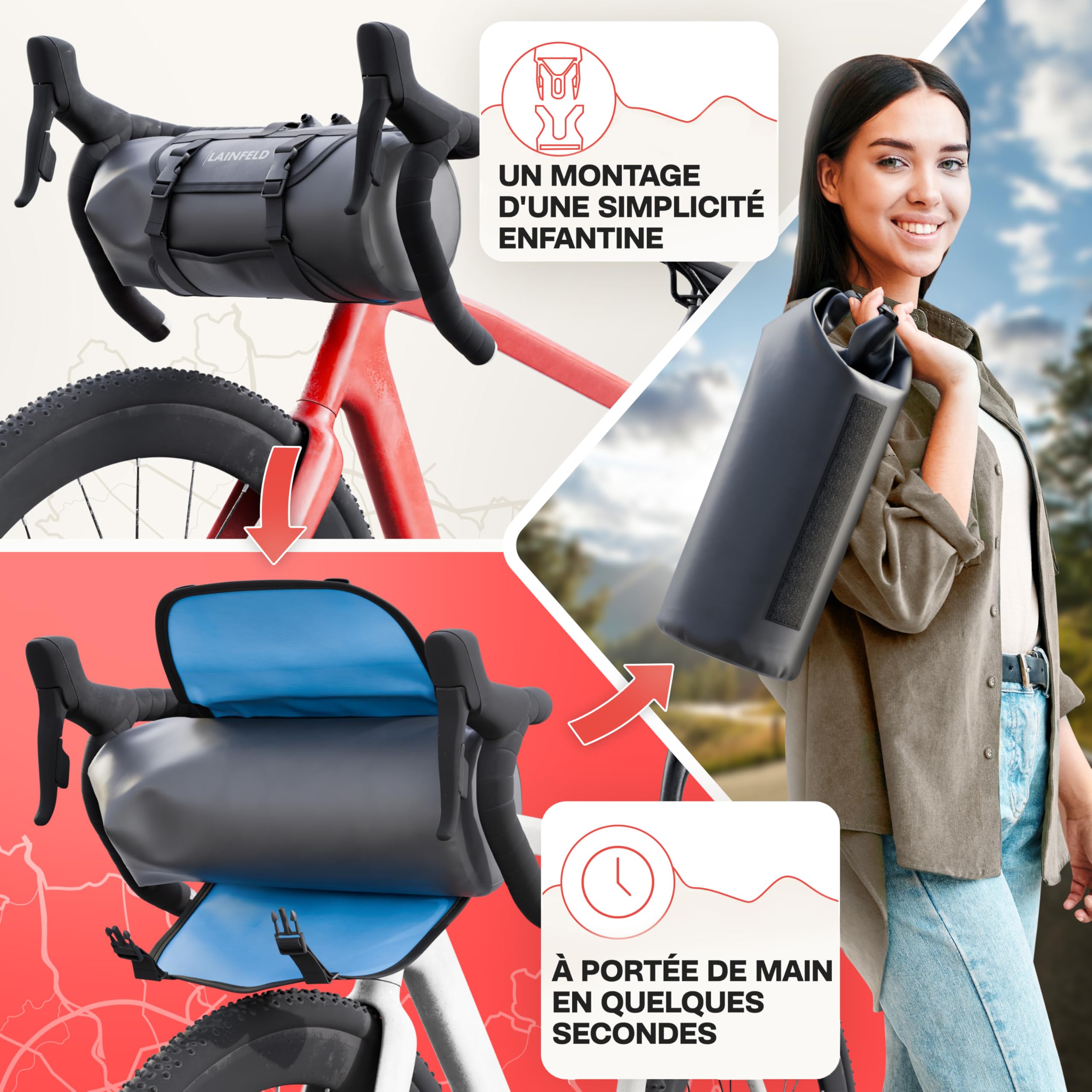 LAINFELD Sacoche de Guidon de vélo [8 litres] | 100% étanche | Impression réfléchissante – Sacoche de vélo Avant pour vélo VTT | Sac de guidon étanche pour VTT, vélo électrique, gravier et vélo de route