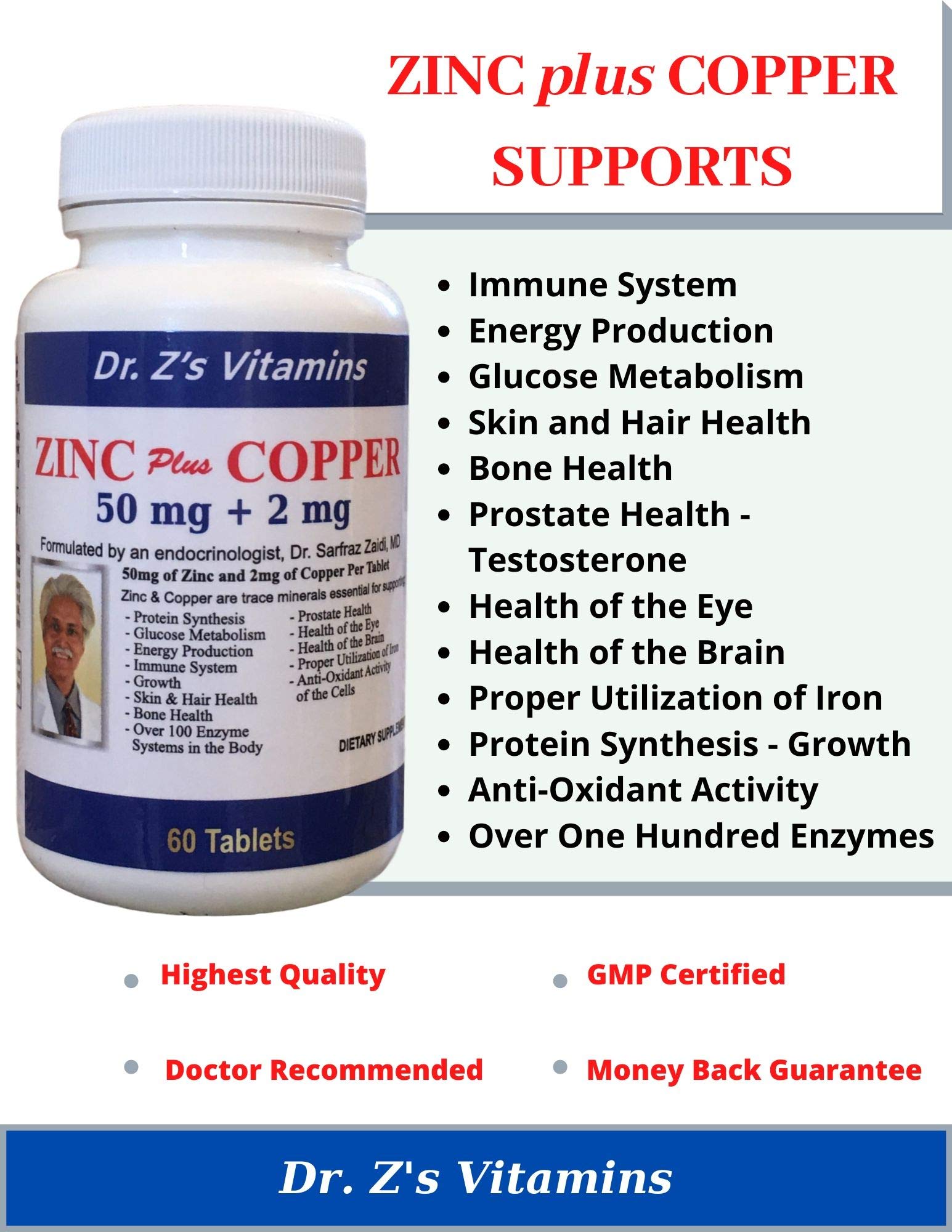 Dr. Z's Vitamins Zinc Plus Copper 50 MG of Chelated Zinc and 2 MG of