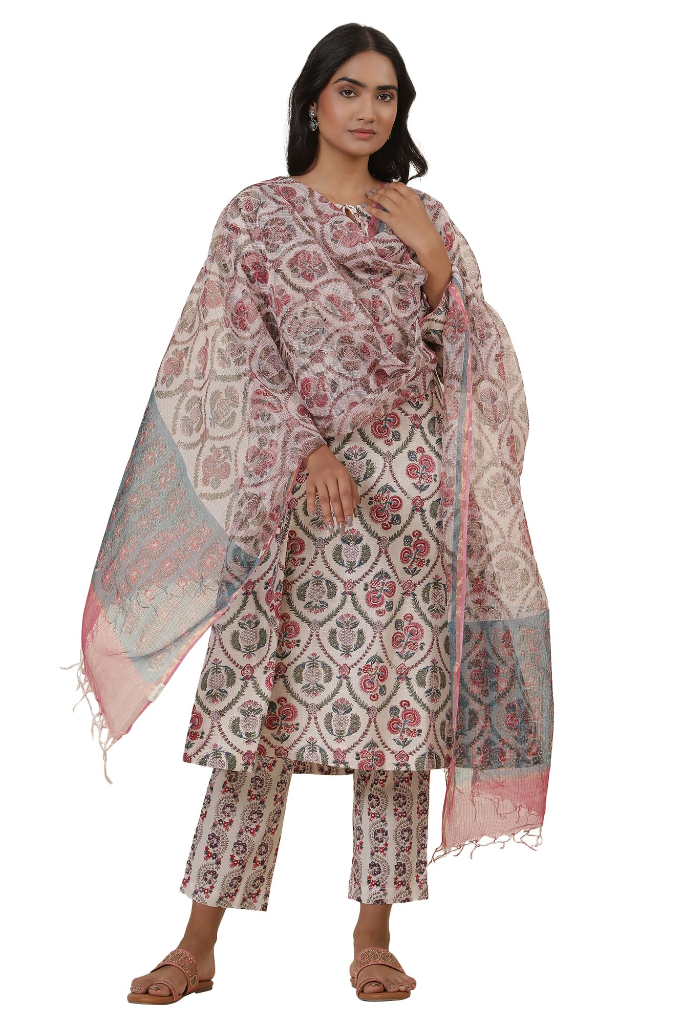 w for woman Folksong White Floral Print Cotton Dupatta-picture-36