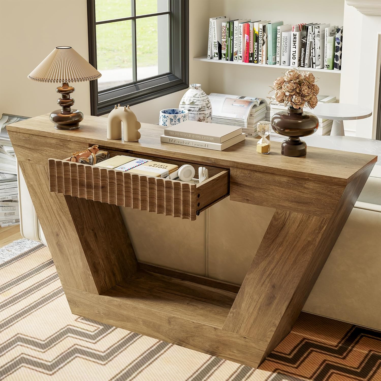 senlin 47.3'' Farmhouse Console Table,Wooden Sofa Table with Fluted Drawers and Open Storage,Suitable for Entryways, Hallways,Living Rooms, Brown