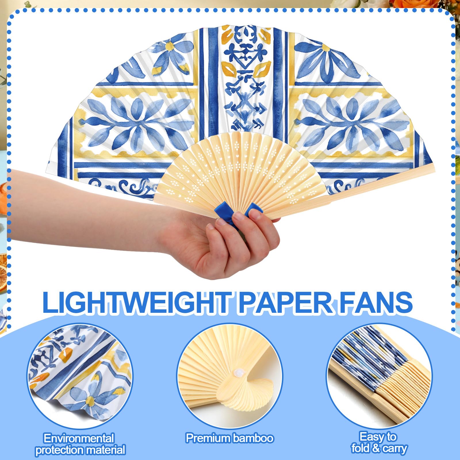 Roowest Amalfi Coast Capri Positano Lemon Faltbarer Handfächer Großpackung Sommer Mediterran Partyzubehör Faltbare Zitronenmuster Handfächer für Babyparty, Hochzeit, Geburtstag, Dekorationen