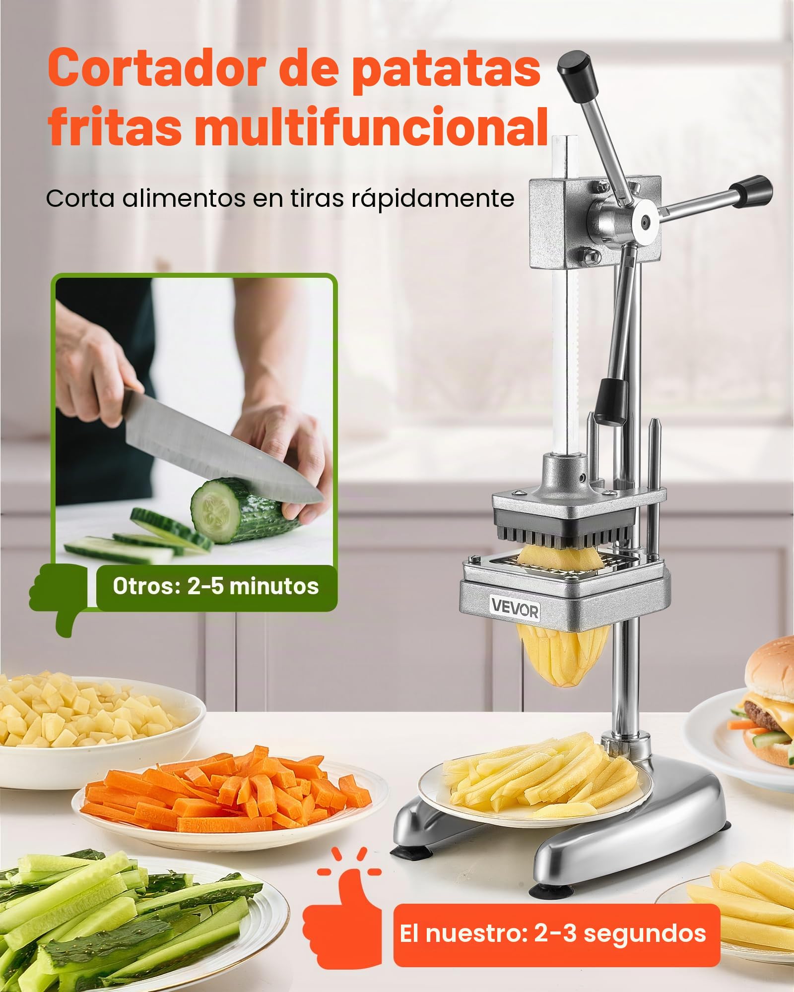 VEVOR Cortador de Papas Fritas Picador de Frutas y Verduras de Acero Inoxidable con 3 Cuchillas de Repuesto de 12,7/9,525/6,35 mm Cortador Manual de Papas para Restaurantes, Cocinas Domésticas