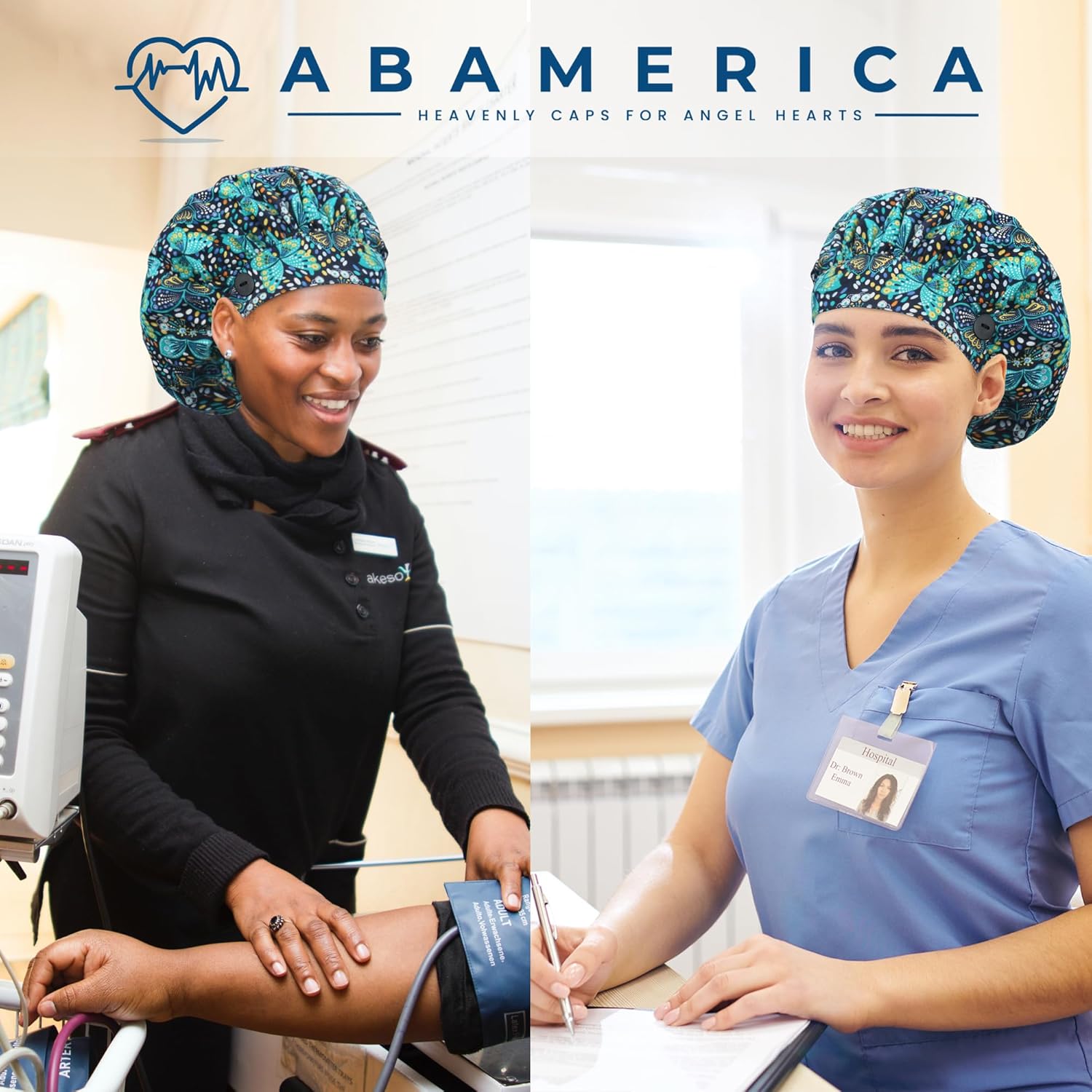 ABAMERICA 2 Pack Bouffant Caps with Button and Sweatband, Adjustable Scrub Caps for Women Men, One Size Multi Color - Image 3