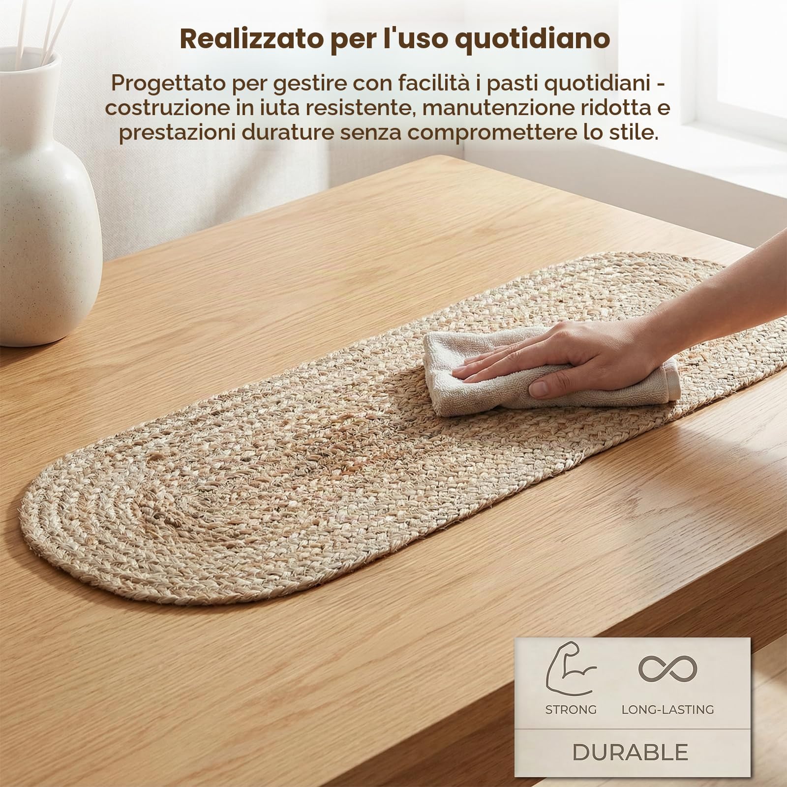 Craft Trade - Runner da tavolo in juta naturale per tavolo da pranzo in stile fattoria, vintage, boho, runner da tavolo da cucina - 33x91 cm ovale