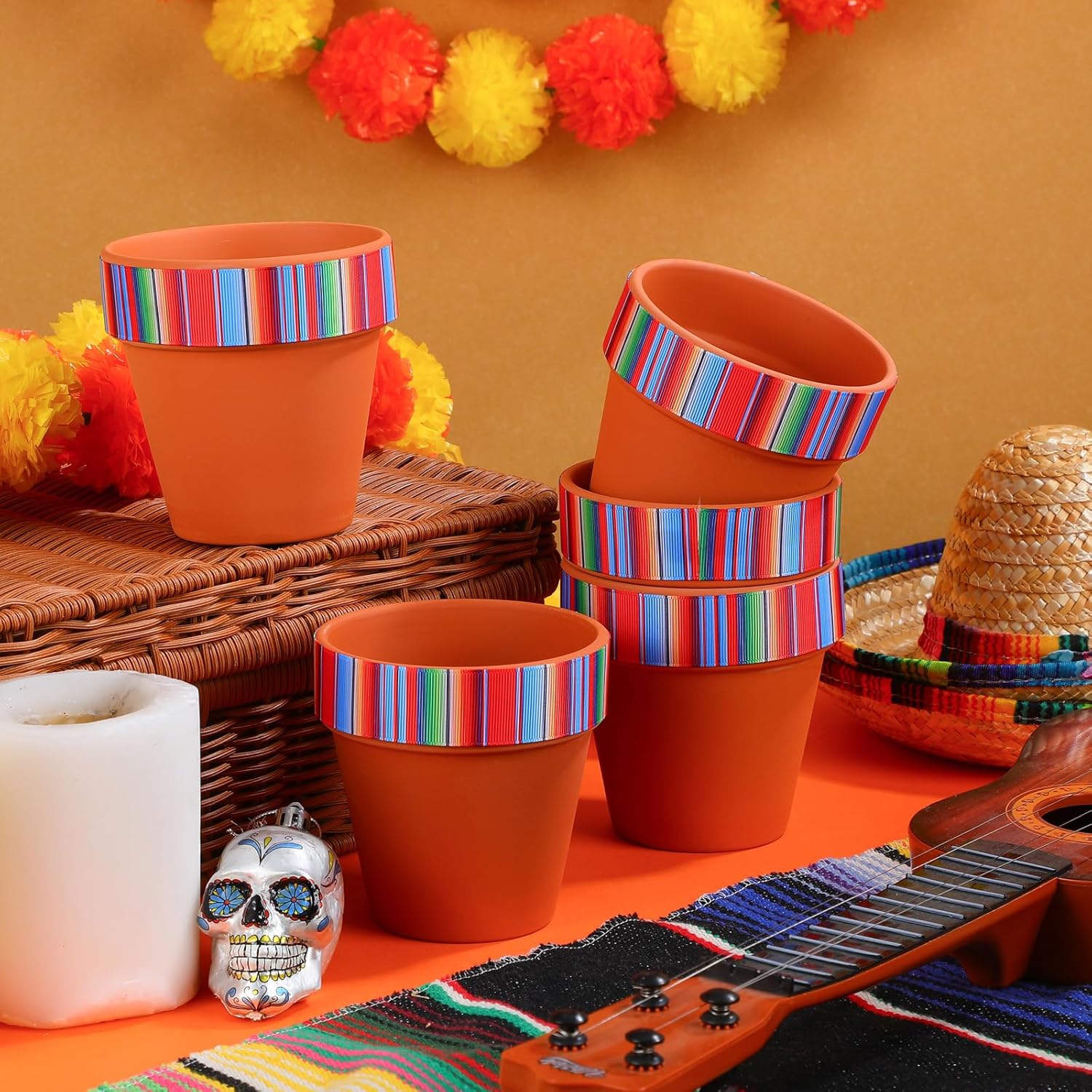Reallnaive 9 Pcs Mexican Vase Table Decorations Fiesta Centerpieces 4 Inch Mexico Terracotta Clay Pot with Drainage Hole for Marigold Flower Craft Home Table Decoration (Mexican Stripes)