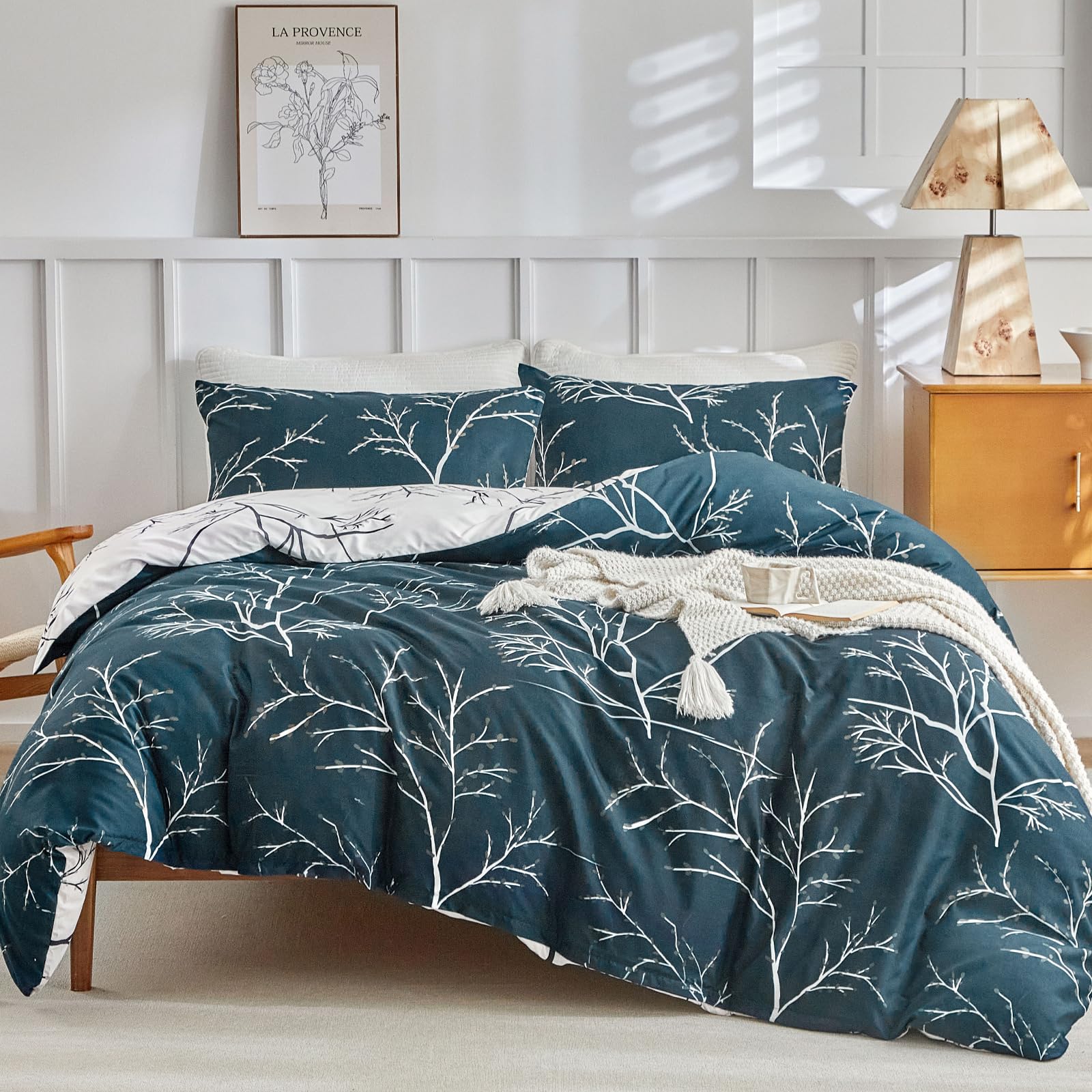 Tokokimo 4PCS Duvet Cover Sets King Size Bedding Sets, Botanical Branches Printed Grey Kingsize Duvet Cover Sets with Pillowcases and Extra Fitted Sheet, Soft Microfiber King Size Bedding Sets — view 13