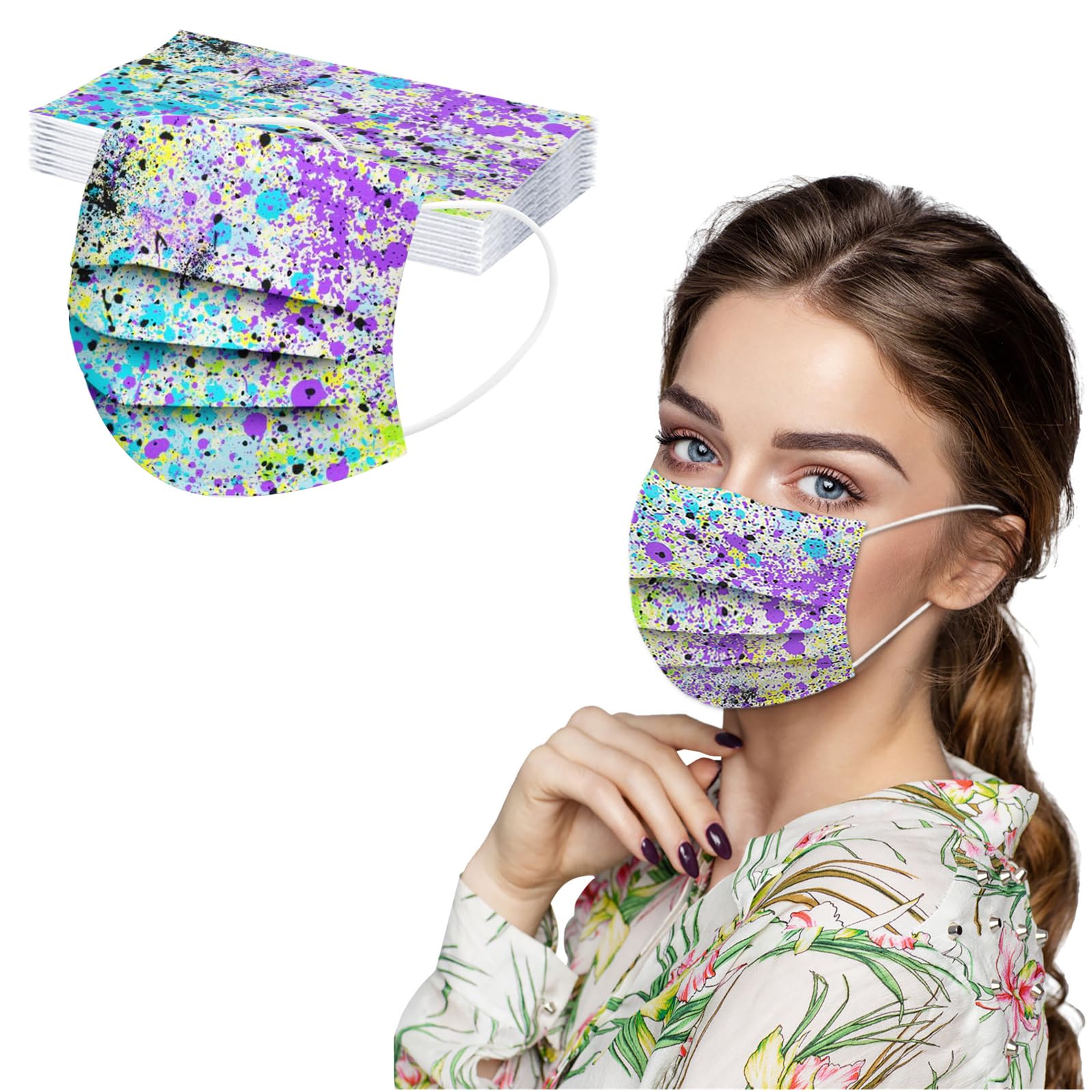50 Pack Disposable Face Mask, 3 Ply Breathable Stylish Printed Face Masks for Adults Women Full Face Protection (Multicolor)
