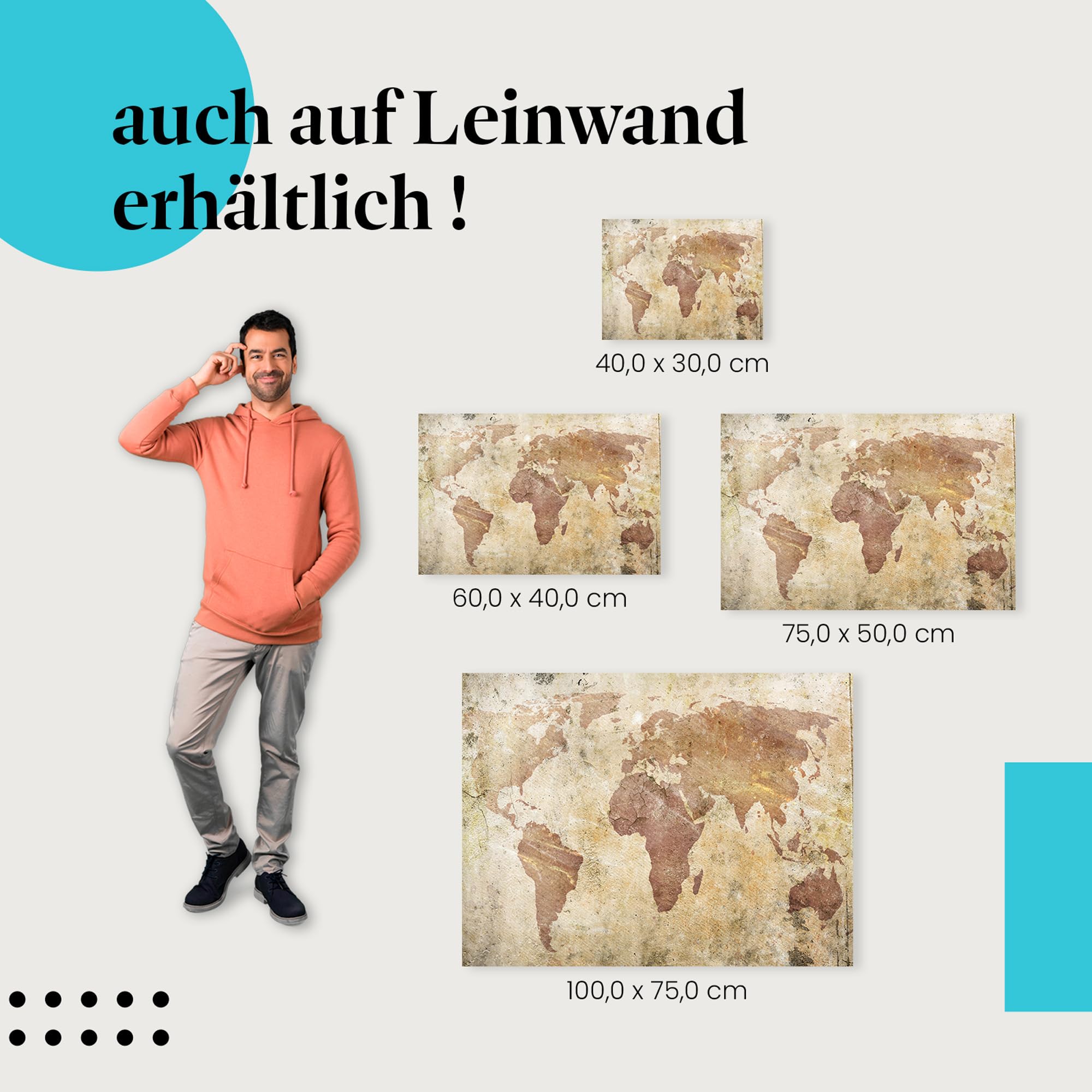 Postereck - 0671 - Vintage Weltkarte, Kontinente Alt Rustikal Retro - Unterricht Klassenzimmer Schule Wandposter Fotoposter Bilder Wandbild Wandbilder - Leinwand - 100,0 cm x 75,0 cm