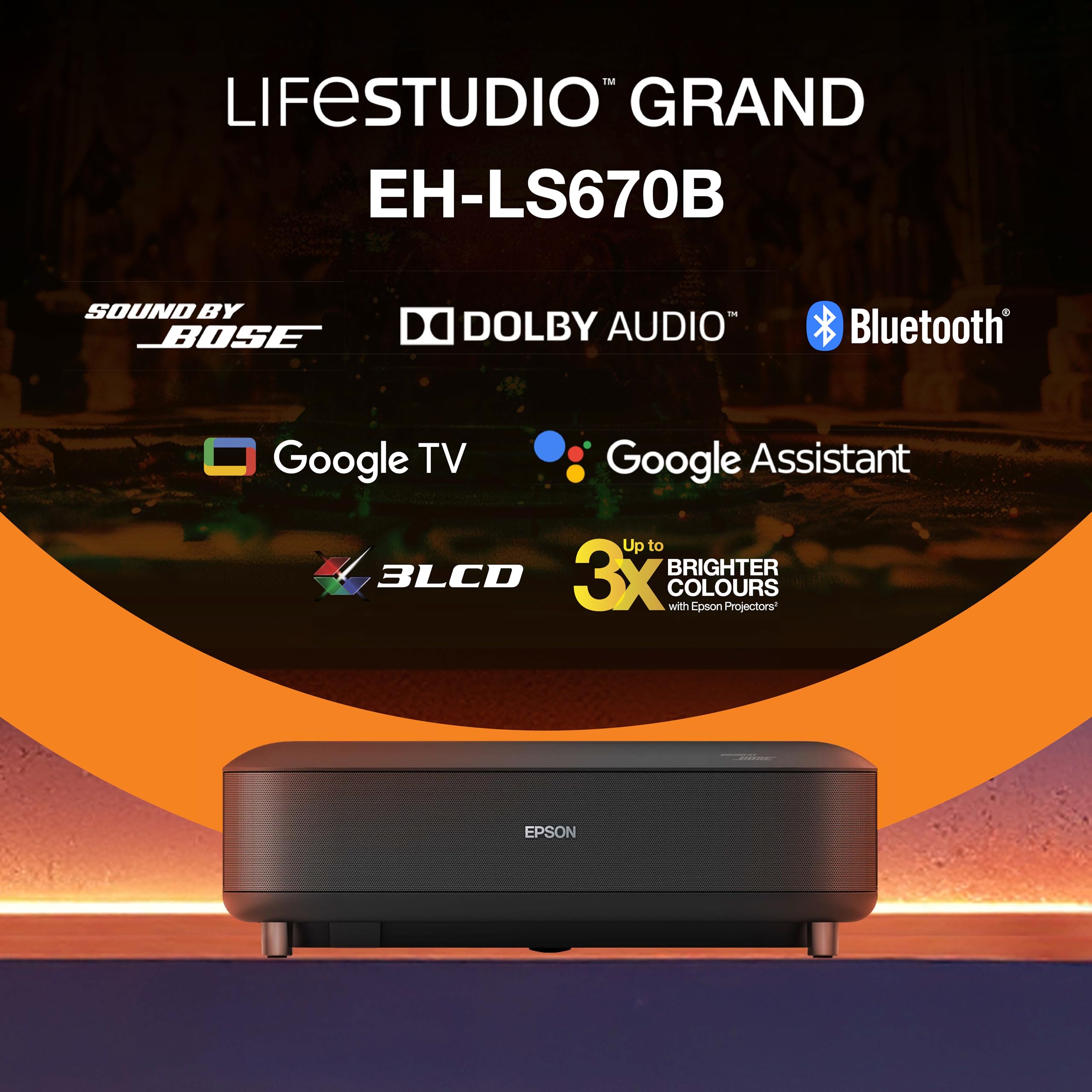 Epson Lifestudio Grand EH-LS670B | Project. laser TV intell. ultracourte focale | Home Cinéma 4K PRO‑UHD | 3 600 lumens | Imagerie IA | Sound by BOSE | Google TV | Écran 120 po | Garantie 5 ans | Noir