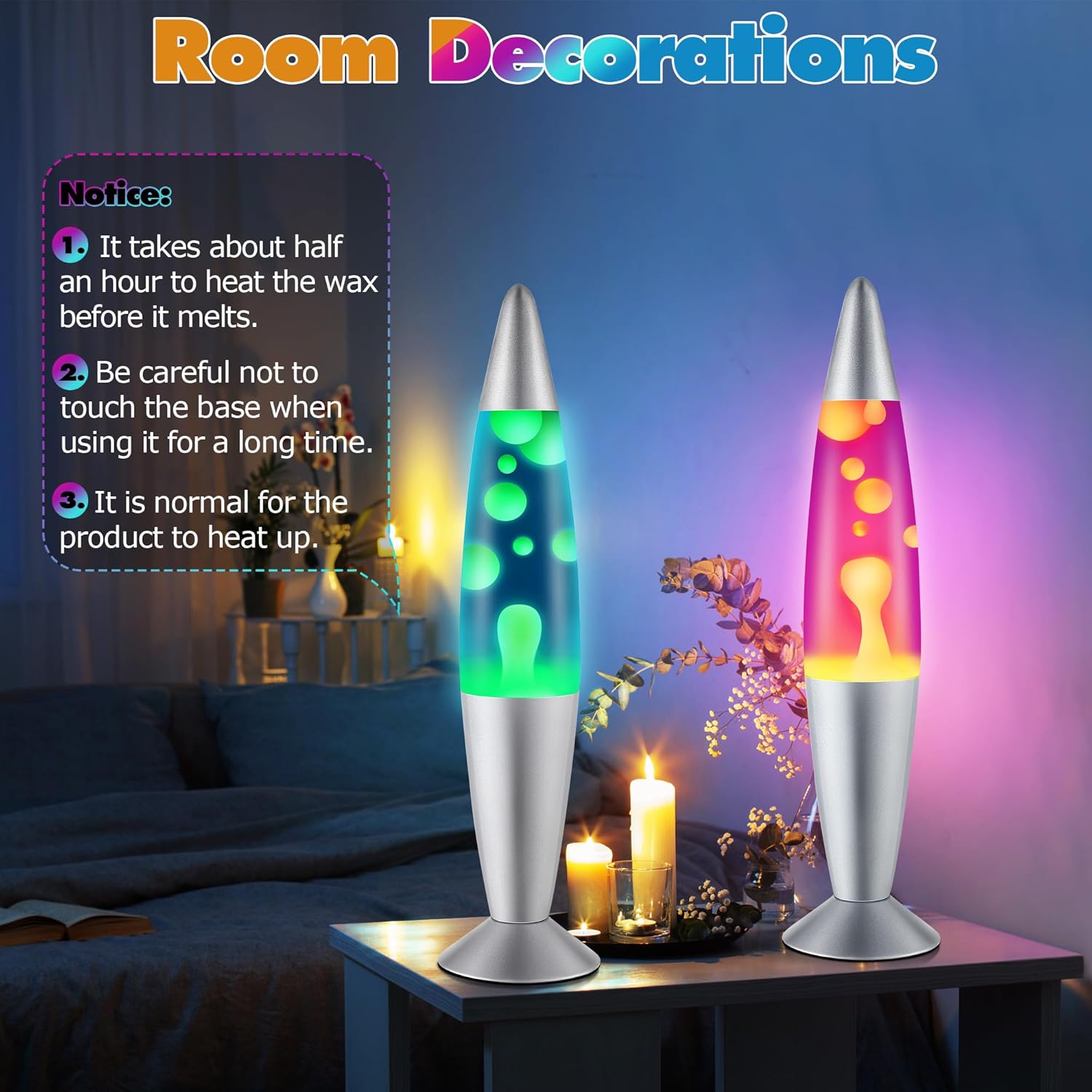 Enhon 2 Pack 16 Inch Beautiful Magma Lamp Green Wax Blue Liquid and Orange Wax Purple Liquid Volcanic Motion Lamps for Bedroom Office Holiday Decorations, Relaxing Meditation Night Light