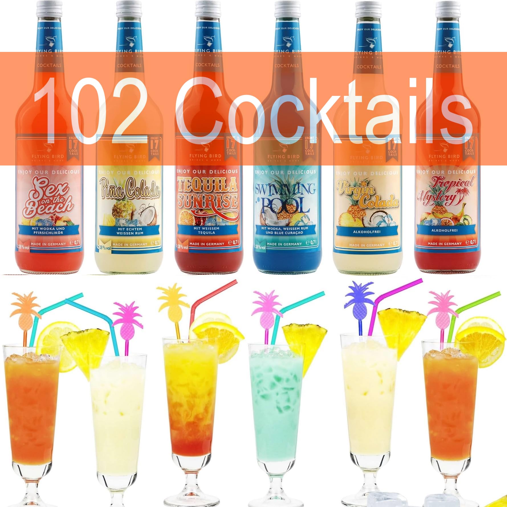 Flying Bird Mixpaket für 102 fertige Cocktails | 6 Flaschen 0,7l mit & ohne Alkohol