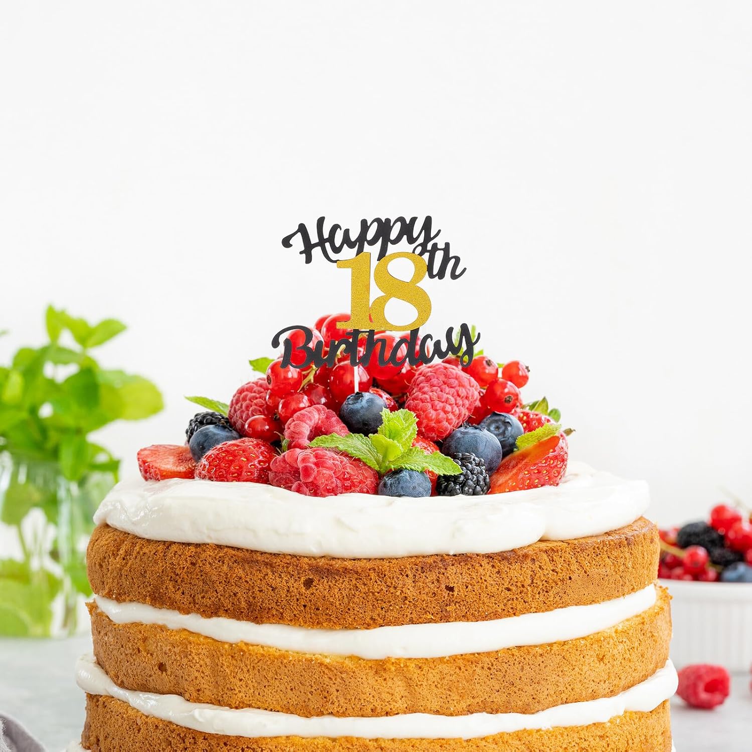 10pcs Happy Birthday Cake Topper with Black and Gold Glitter Number 18 Non-edible Birthday Cake Picks for 18th Party Decorations