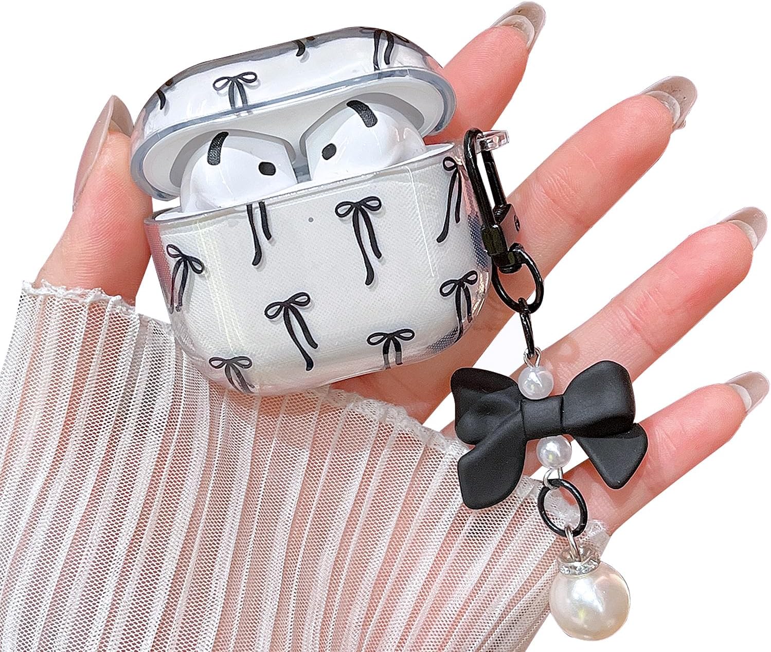 MINSCOSE Compatible with AirPods 4 Clear Case,Cute Ribbon Bow Aesthetic Design with Bow Pearl Keychain, Soft TPU Protective Shockproof Cover for AirPods 4 for Women Girls-Black