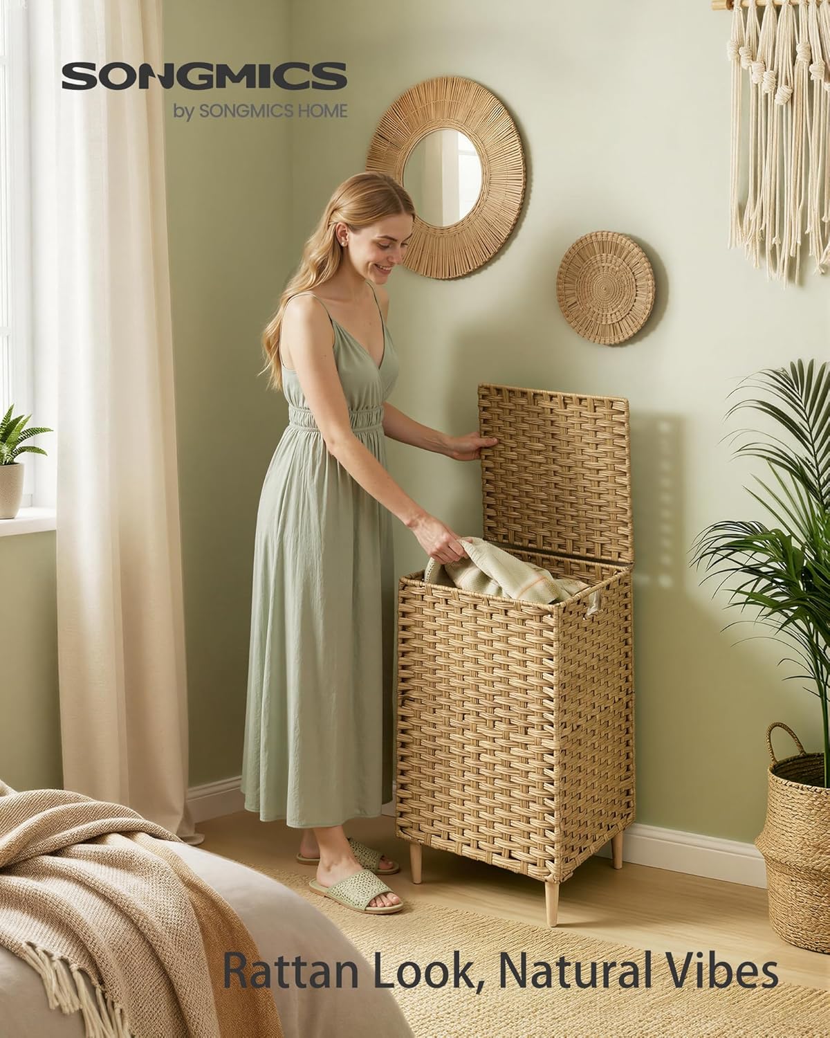 SONGMICS Laundry Hamper with Lid, 25 Gal (95L) PE Rattan Laundry Basket with Removable Washable Liners, for Bedroom & Living Room, Goose Yellow ULCB221YE01