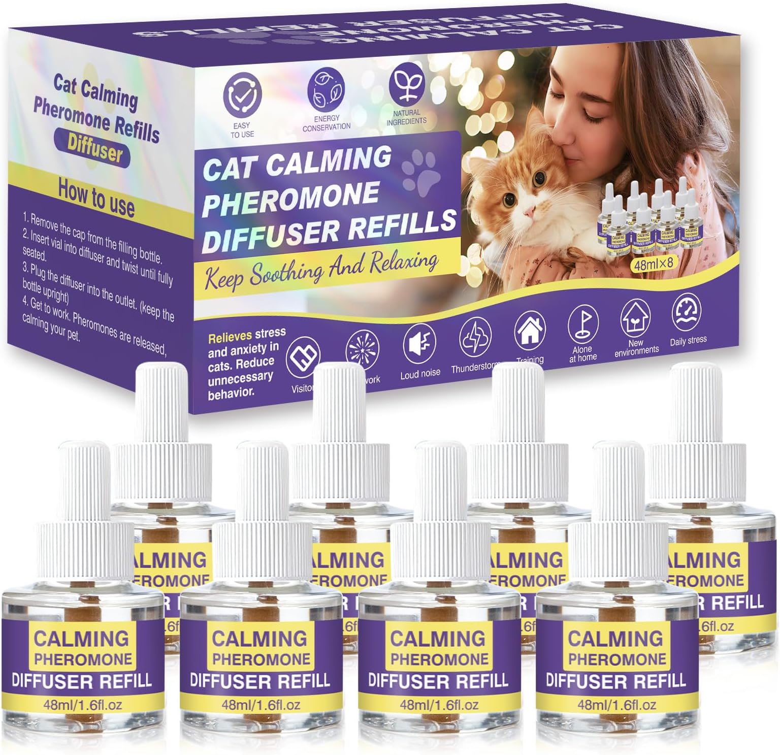 Cat Calming Diffuser Refills, 8 Pack Pheromones for Cats Refill Long-Lasting 240-Day Supply Pheromone to Calm Cat Soothing Anxiety Stress 48 ml/Bottle Compatible with Most Diffusers Plug in