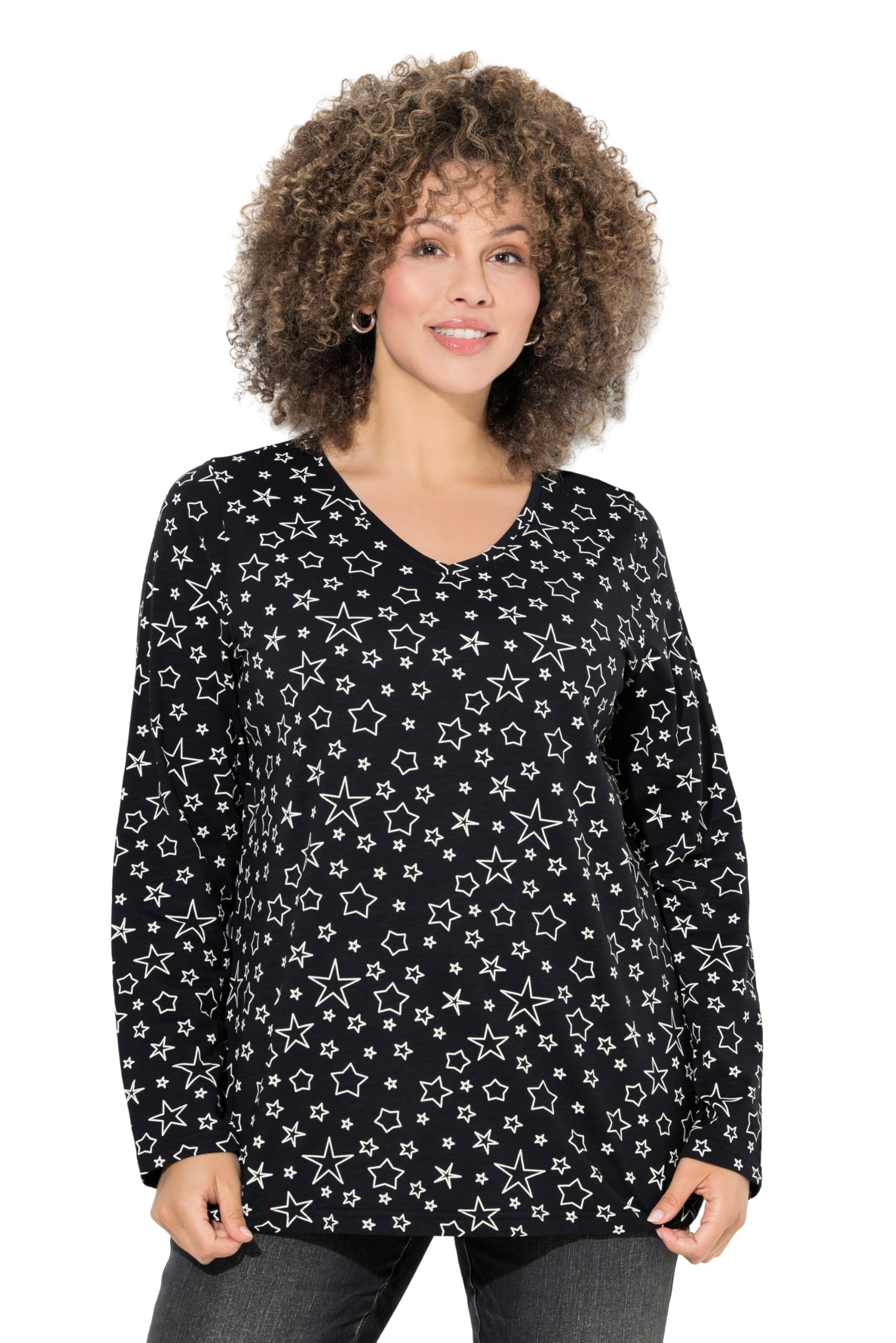 Ulla Popken Damen große Größen Übergrößen Plus Size Shirt, Bedruckt, Classic, V-Ausschnitt, Langarm 845188