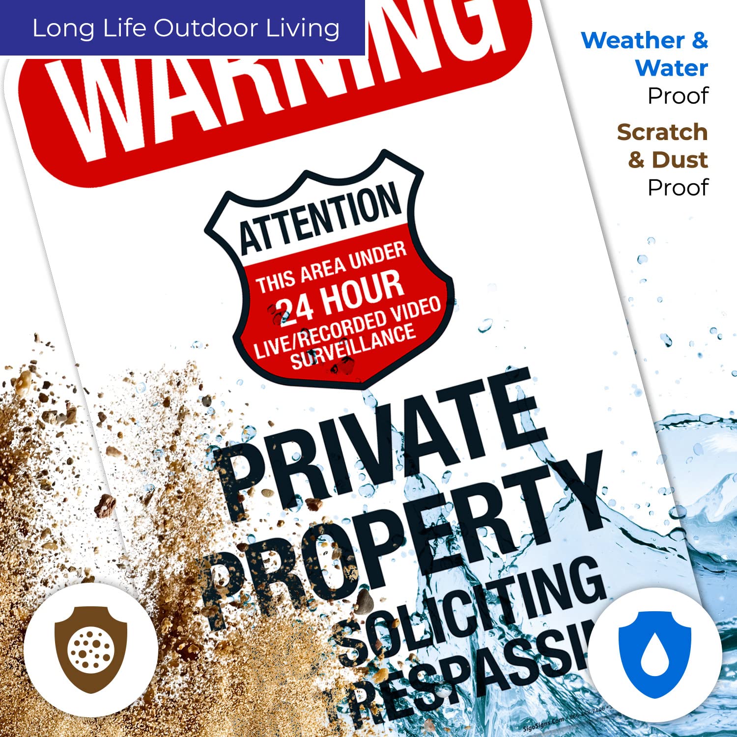 Warning No Soliciting No Trespassing Attention This Area Under 24 Hour Live Sign, 12x18 Inches, Rust Free .063 Aluminum, Fade Resistant, Made in USA