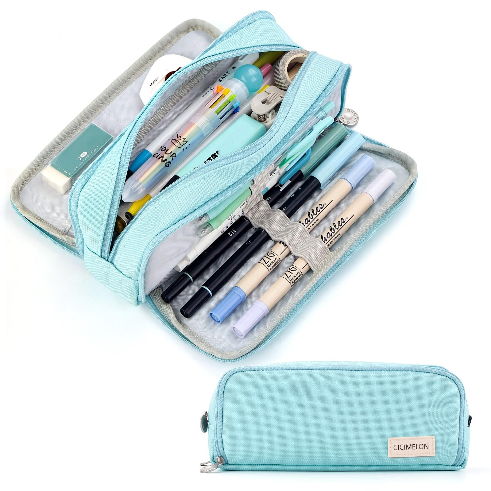 CICIMELON Pencil Case Large Capacity Pencil Pouch 3 Compartments Pencil Bag Gift for Students Girls Adults Women (Light Blue)