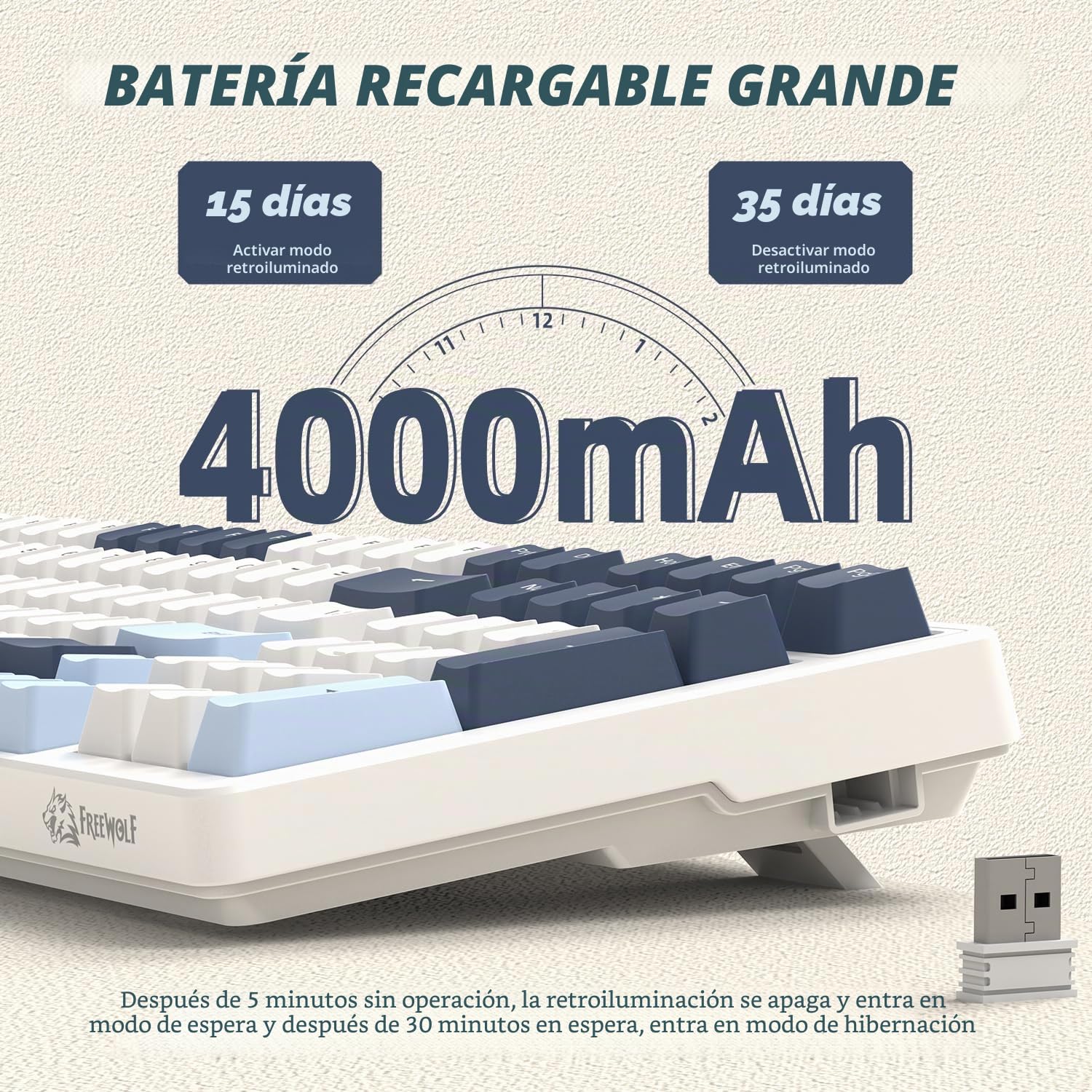 FREEWOLF K8 Teclado Mecánico Inalámbrico de Intercambio en Caliente para Juegos, Teclado Retroiluminado RGB, Interruptor Rojo, Bluetooth/2,4 GHz/USB-C, 4000 mAh, para Mac/Win, QWERTY - Azul/Blanco