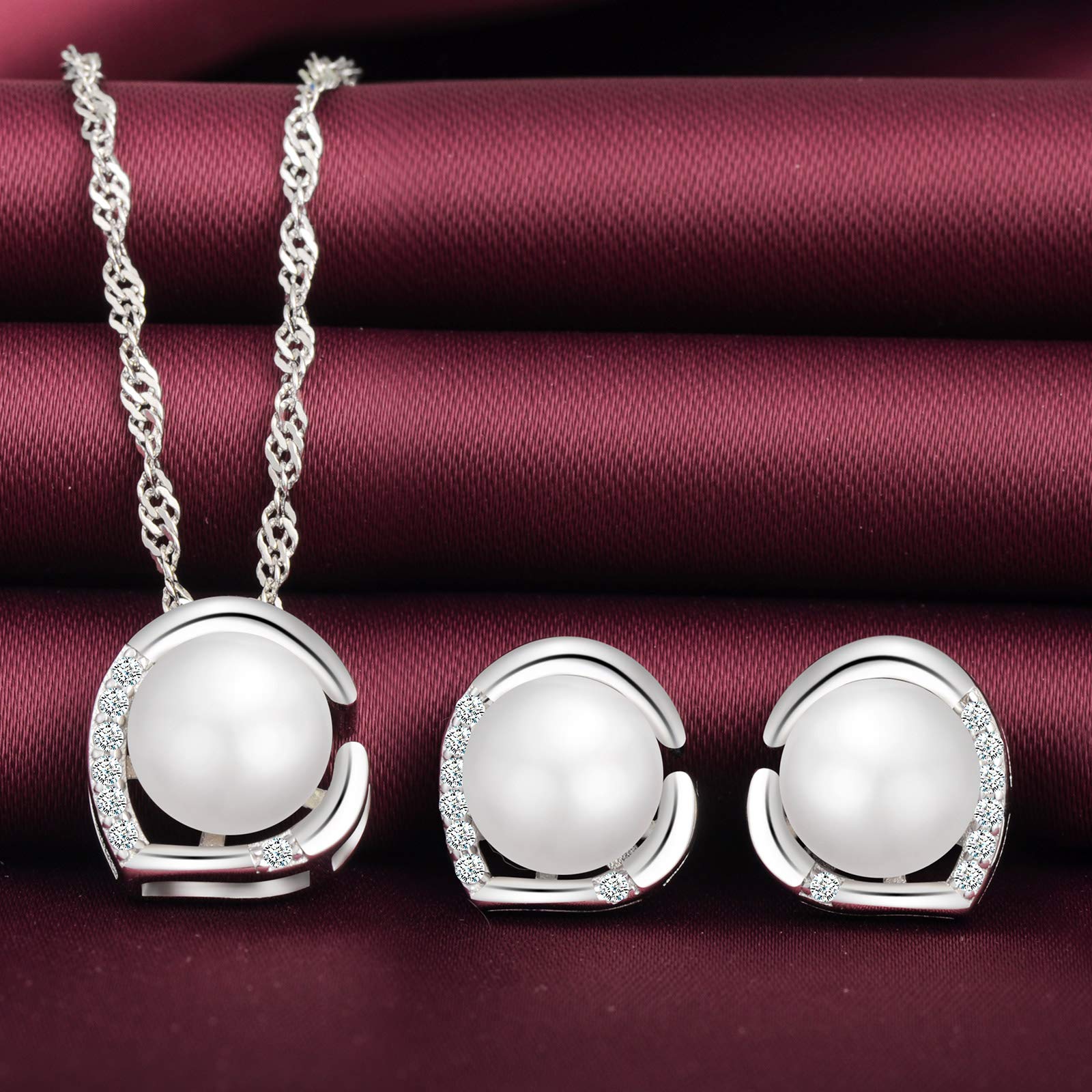 Yumilok Collar de Perlas y Pendientes de Corazón, Plata 925, Mujer, Niña, Pendientes de Perlas circonita con Incrustaciones