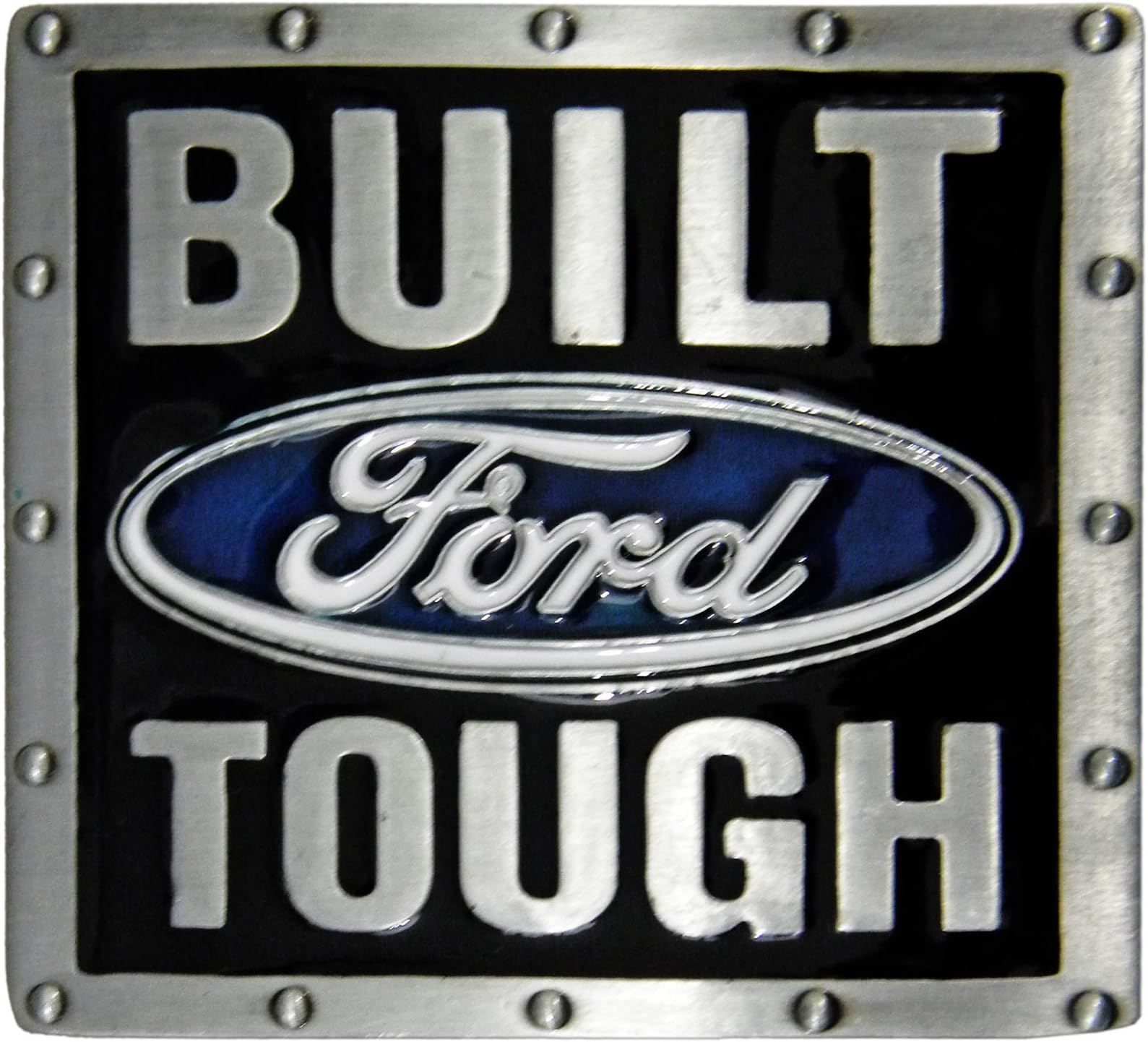 Built Ford Tough Belt Buckle, Pewter Finish, Colored Enamel Fill