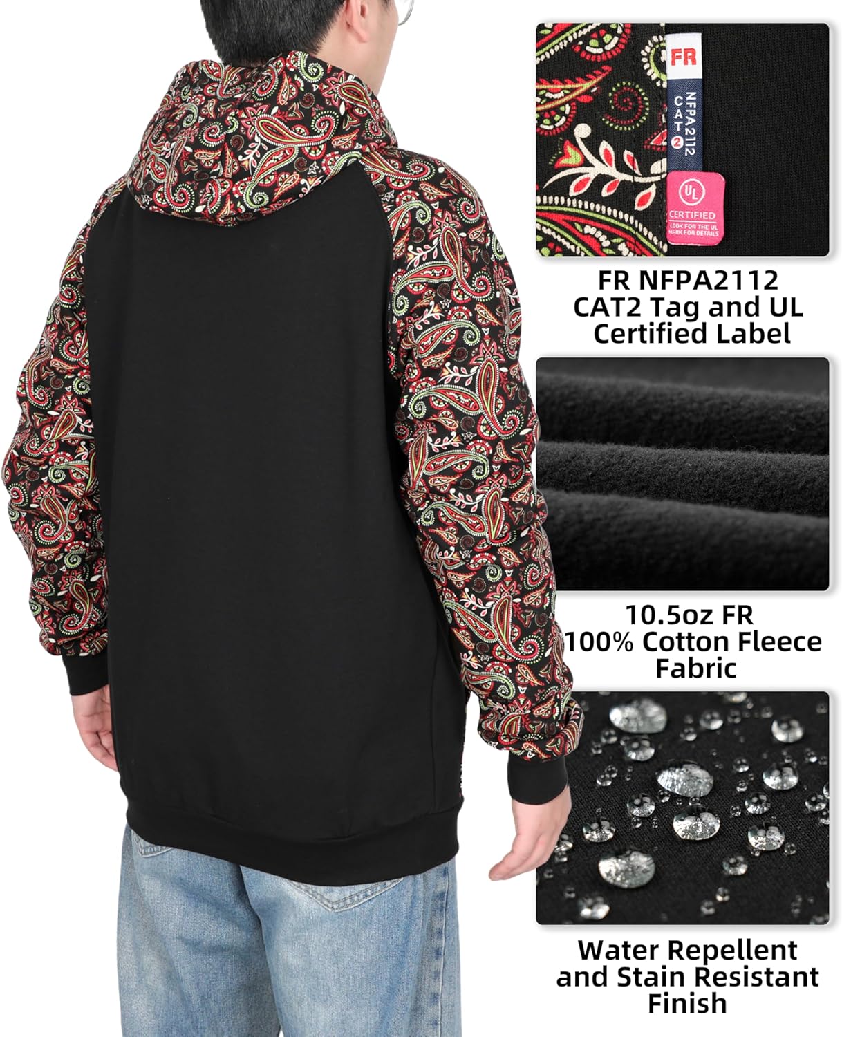 BOCOMAL FR Hoodies Zipper Front 10.5oz Cotton Fleece Flame Resistant Hooded Sweatshirts - Image 4