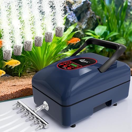 Miniatura 2 de AQQA Bomba de aire recargable para acuario, aireador portátil de 12 W para pecera y estanque, 6 salidas de 280 GPH para 5-1000 galones, pesca al