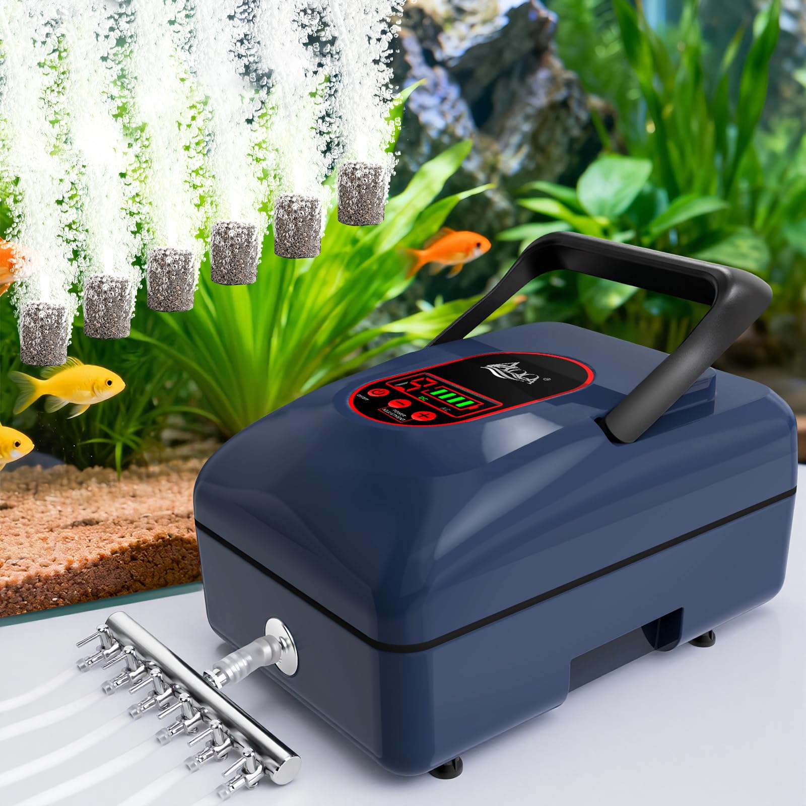 AQQA Rechargeable Aquarium Air Pump, 20W Portable Aerator for Fish Tank &amp; Pond, 9 Outlets 380 GPH for 5-1500 Gallon, Outdoor Fishing and Emergency Power Outage