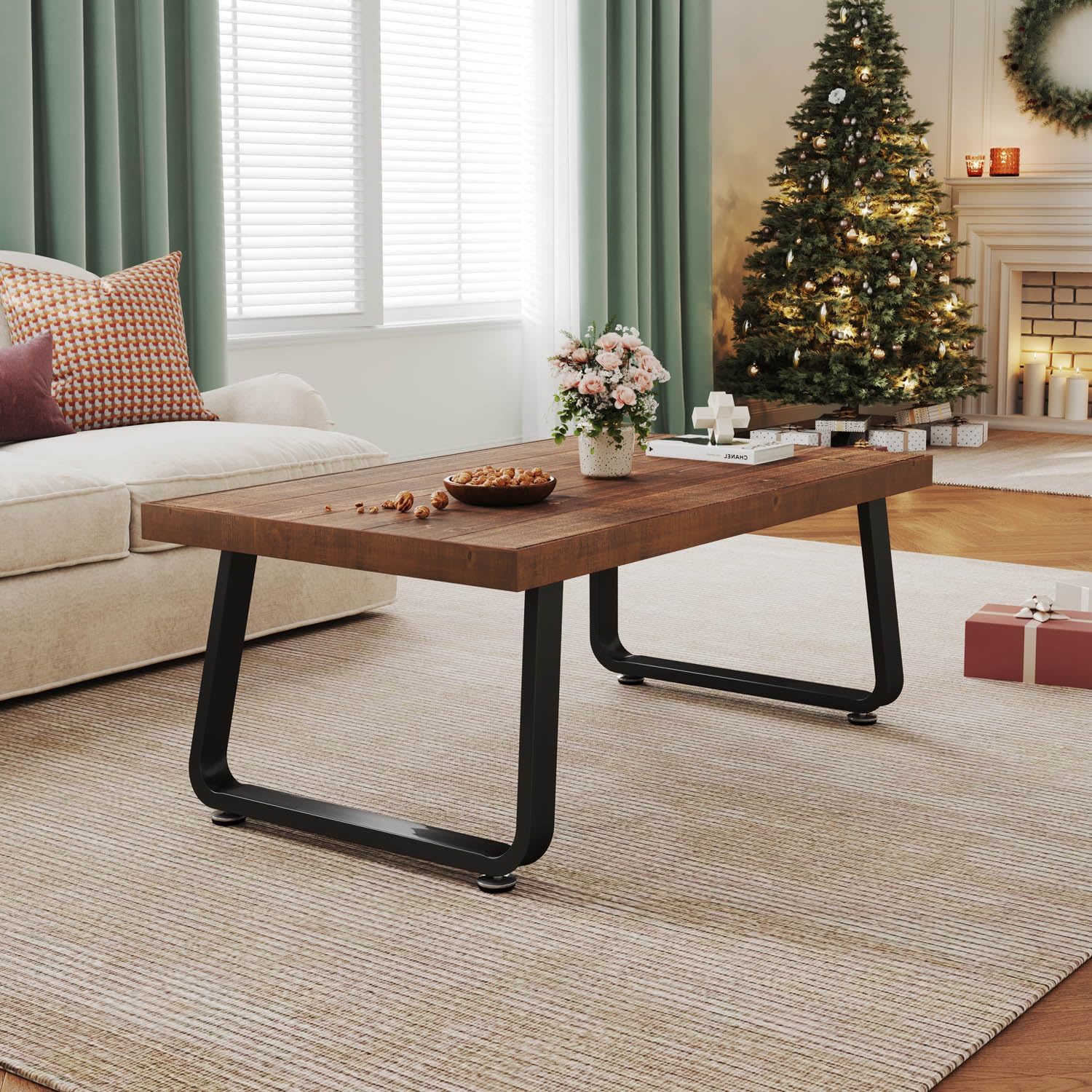 IBF Rustic Coffee Table, Industrial Solid Wooden Tea Table, Farmhouse Real Wood Center Coffee Table, Modern Minimalist Rectangle Cocktail Table, 39 in