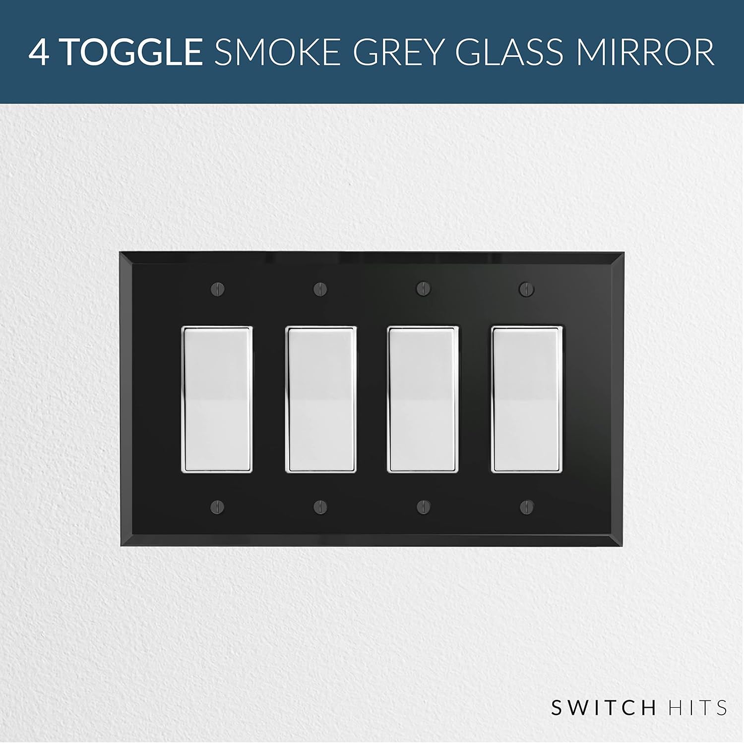 Black Glass Mirror SWITCH HITS Quadruple Outlet Wall Plate | 4 GFI Rocker | 9" x 5.25" | Professional Quality Glass Mirror Switch Plate Covers For All Configurations