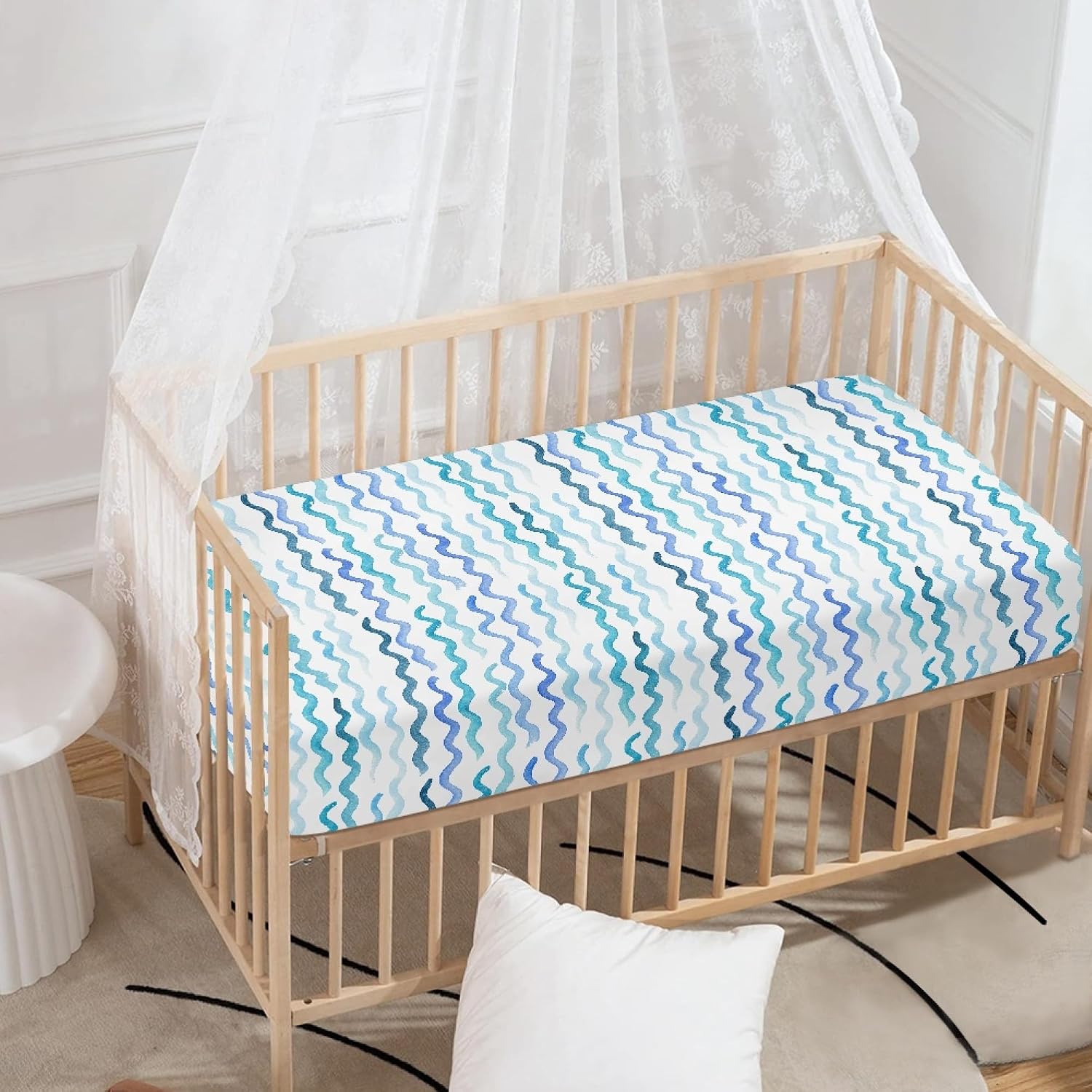 Blue Wave Fitted Crib Sheet for Boys Girls Nautical Pastel Colored Ocean Sea Waves Baby Sheet for Standard Crib and Toddler Cute Curve Nursery Bed Mattress Sheets 28"x52"