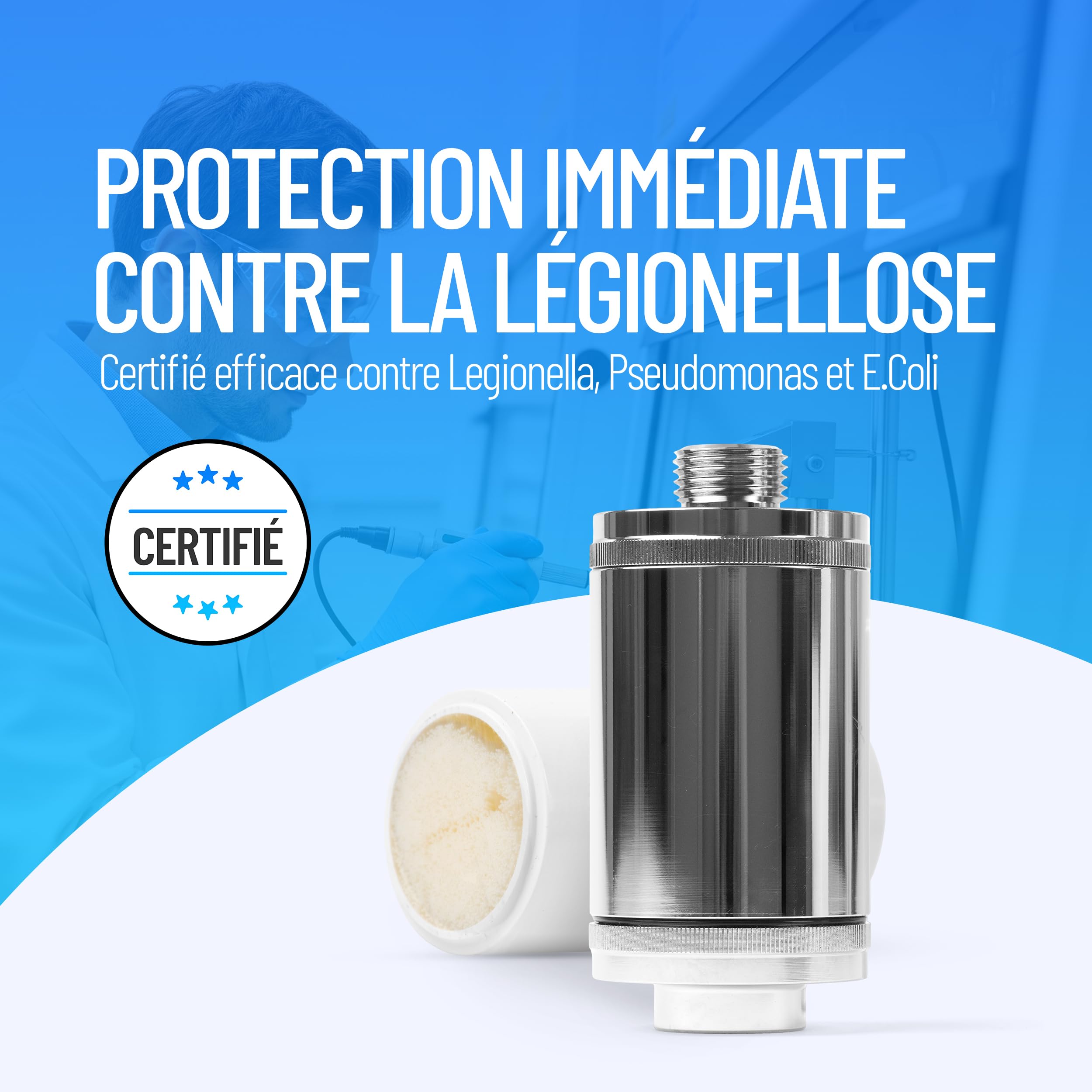 Filtre anti-légionellose douche baignoire Longlife | certifié | protection immédiate | esthétique & discret