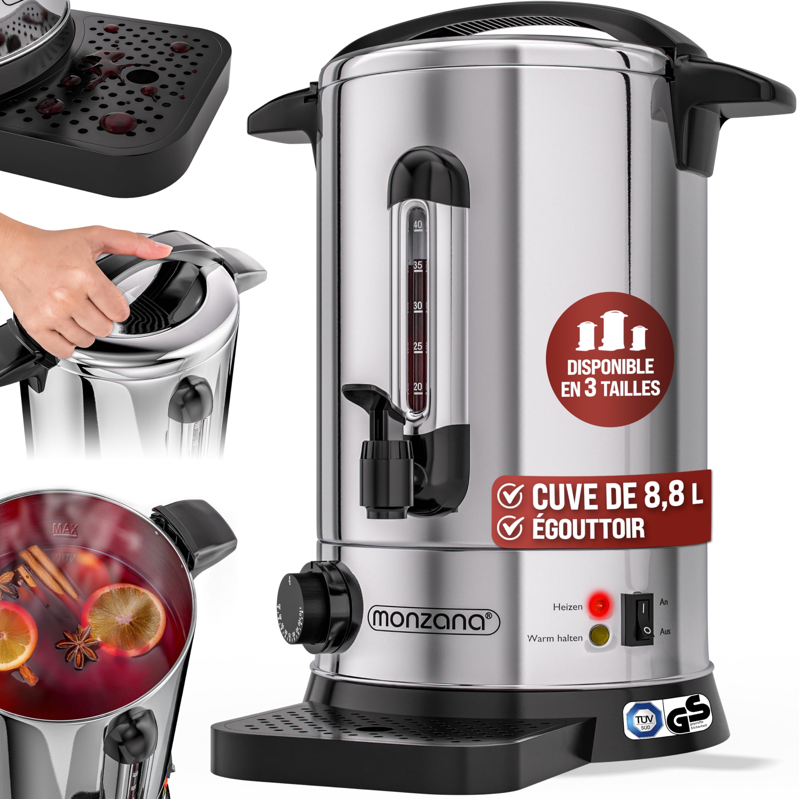 MONZANA® Distributeur de boissons chaudes 8,8L en acier inoxydable Bouilloire Marmite à vin chaud 950W Chauffe eau avec température réglable 40 tasses