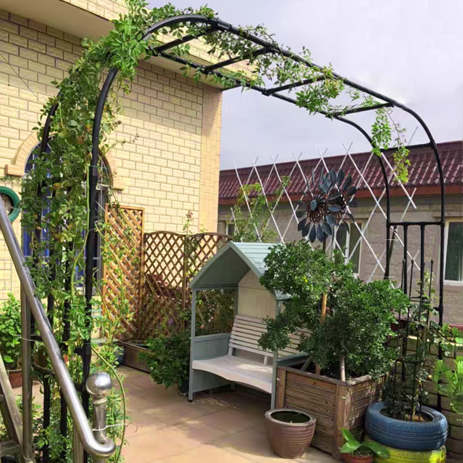 Stabiler Metall-Gartenbogen, 240 cm, wetterfest, Rosenspalier, Kletterpflanzenstütze für Terrasse, Hinterhof, Eingang, rostfreie Pergola, ideal für Gartenliebhaber