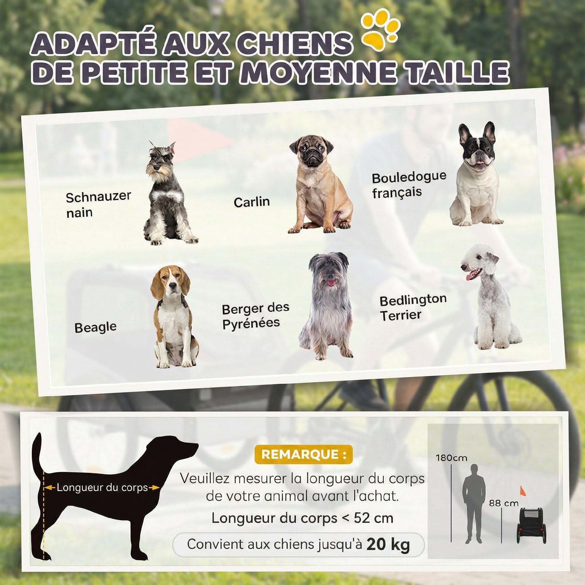 PawHut Remorque Vélo Chien avec Pneus 20" en Caoutchouc à Dégagement Rapide, Chariot pour Chien Moyen avec Attache Universelle, Réflecteurs, Drapeau, Laisse, Charge 20 kg, Gris et Noir