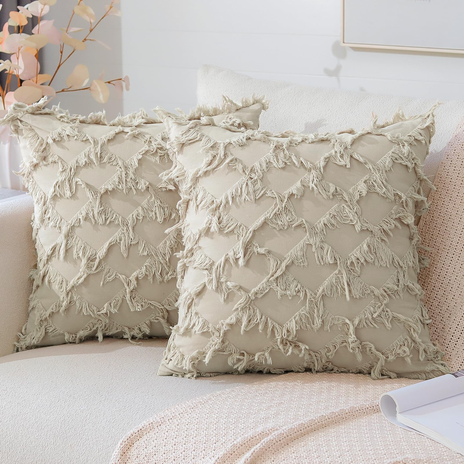 Juego de 2 fundas de cojín de lino de 45 x 45 cm, diseño de borlas, fundas de almohada cuadradas para sofá, dormitorio, sofá, decoración de silla del hogar (beige)