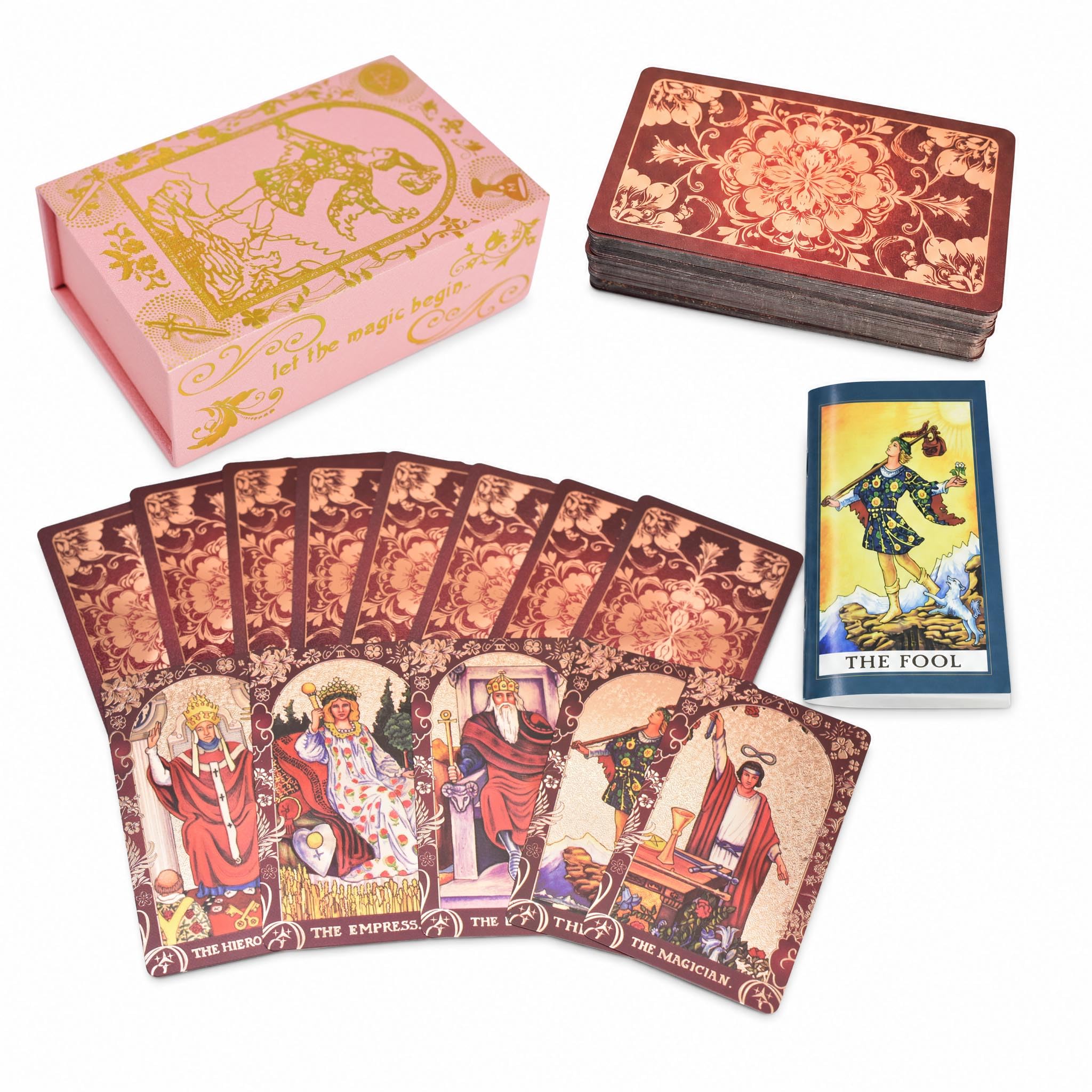 Wodoodporny tarot bordowy, 78 kart PVC, złota folia, EN | Matowe holograficzne wykończenie; 2 karty kolekcjonerskie i 36-stronicowy przewodnik po angielsku dla początkujących.