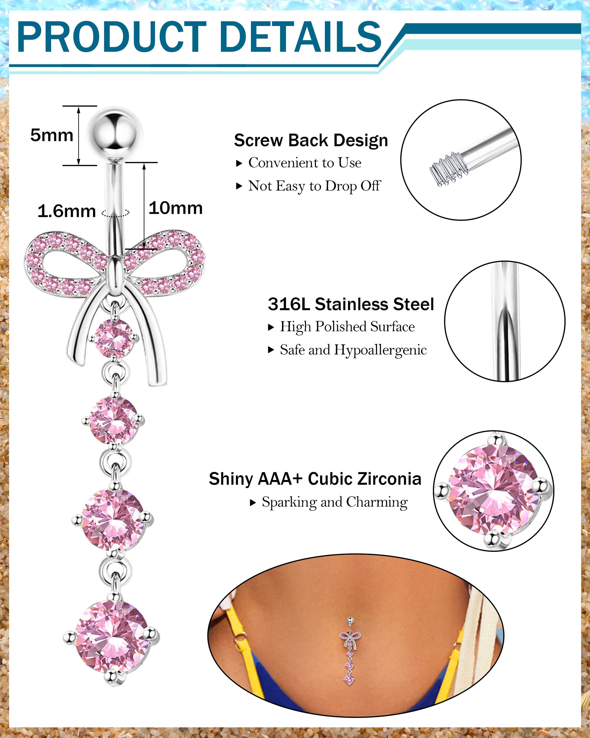YADOCA 10Pcs 14G Bauchnabelpiercing für Damen Chirurgenstahl Rosa Blau Bauch Piercing CZ Schmetterling Schlange Clicker Nabel Ringe Körper Piercing Schmuck