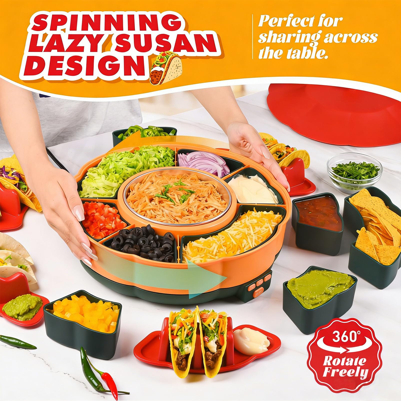 Zestaw Serwisowy Lazy Susan Taco Bar, Obracany 360° Zestaw Taco Tuesday Z 6 Wyjmowanymi Tacami & 4 Uchwytami Na Taco, Podgrzewany Garnek Z 3 Poziomami Temperatury Do Tacos, Nachos, Burritos, S’mores