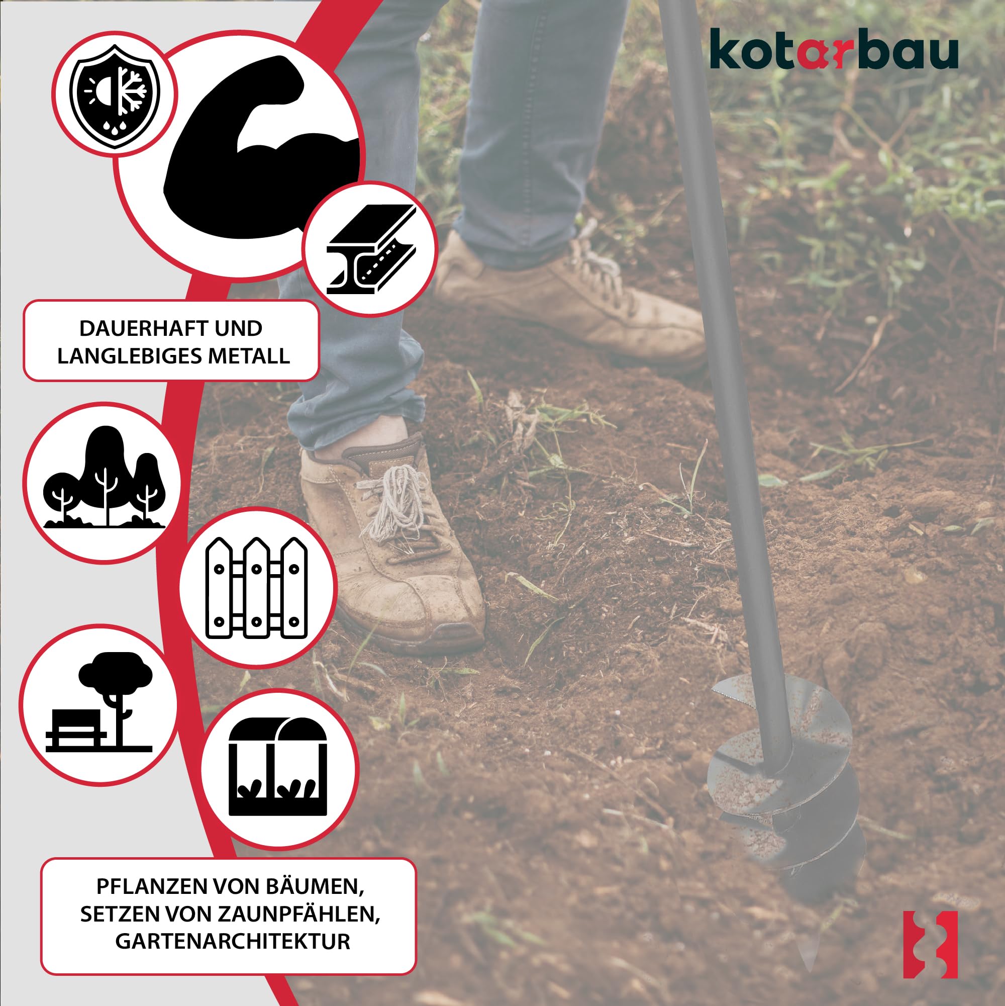 KOTARBAU® Ahoyadora Manual 110 mm, Taladro de Tierra Manual, Perforadora de Suelo con Mango en T Antideslizante, Barrena de jardín, Perforador de Mano, Broca Espiral de Tierra, Plantador Cavahoyos