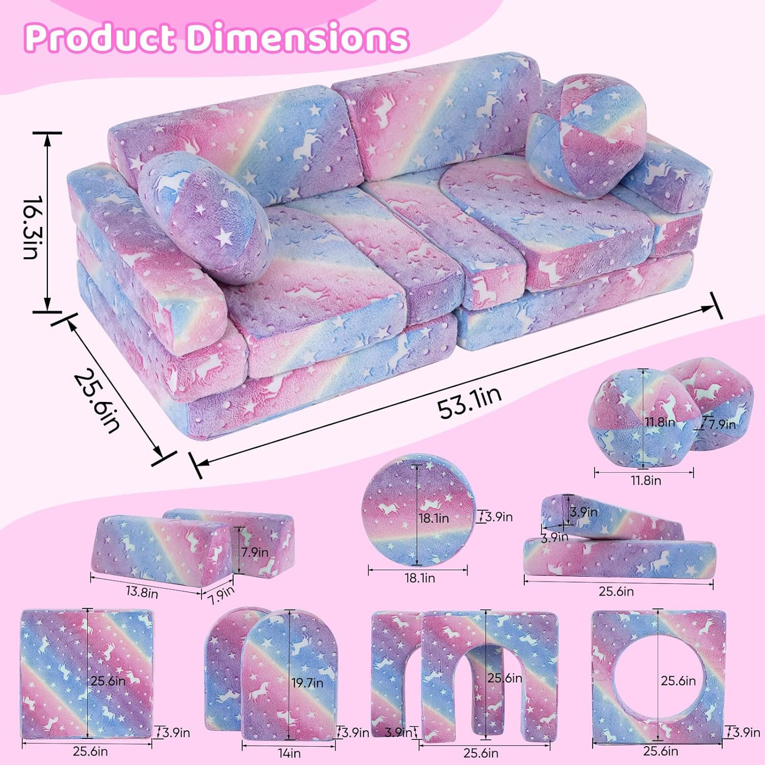 13 PCS Kids Play Couch, Modular Glowing Kids Toddler Couches, Kid Play Couch Sofa for Playroom and Bedroom (Rainbow)