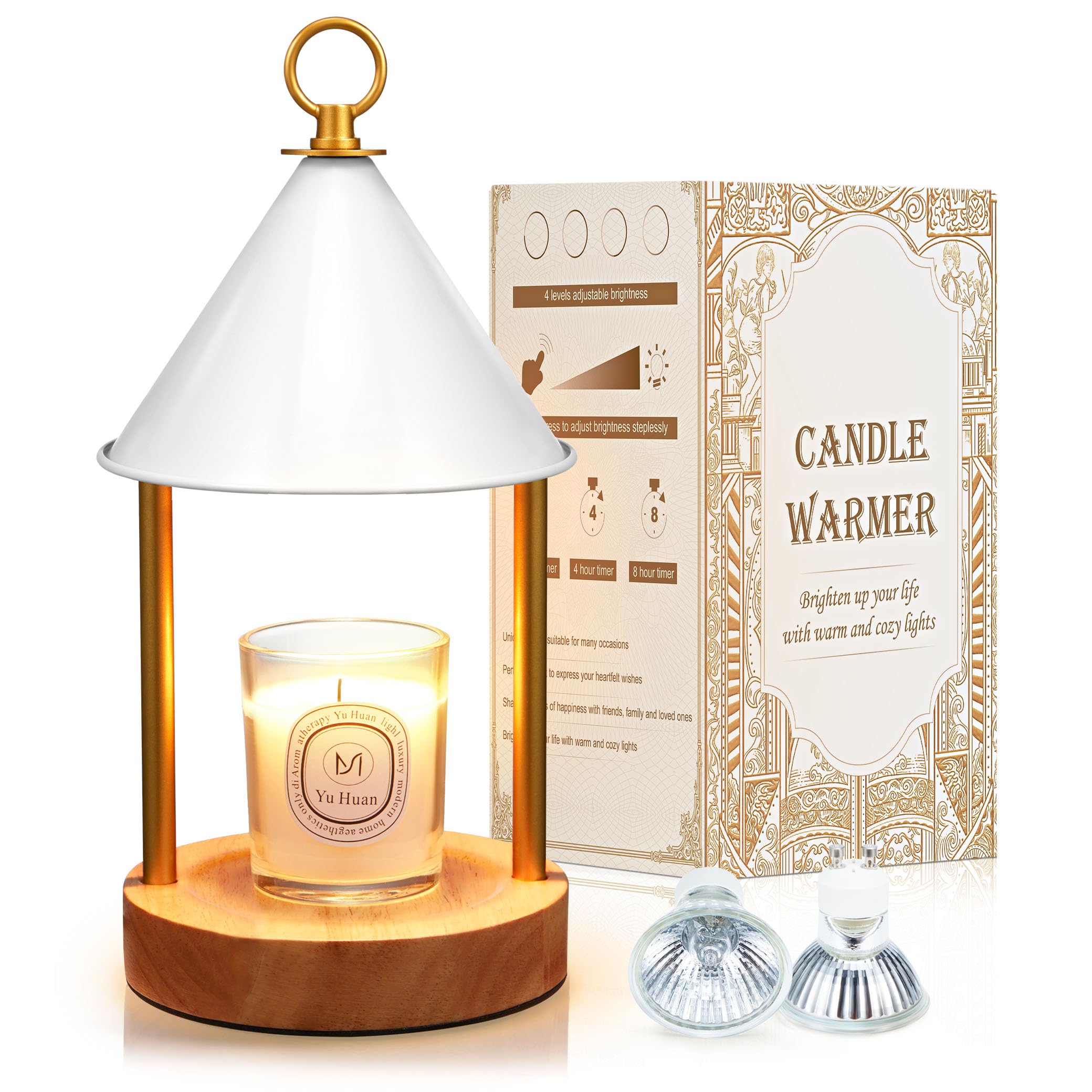 OGACFO Candle Lamp Warmer with Timer and Dimmable Flameless Electric Scented Candle Wax Melter, Bi Metal Shade Anti-Scald Design w/2 Bulbs for Home Decor Mothers Day Gifts for Mom Wife - White