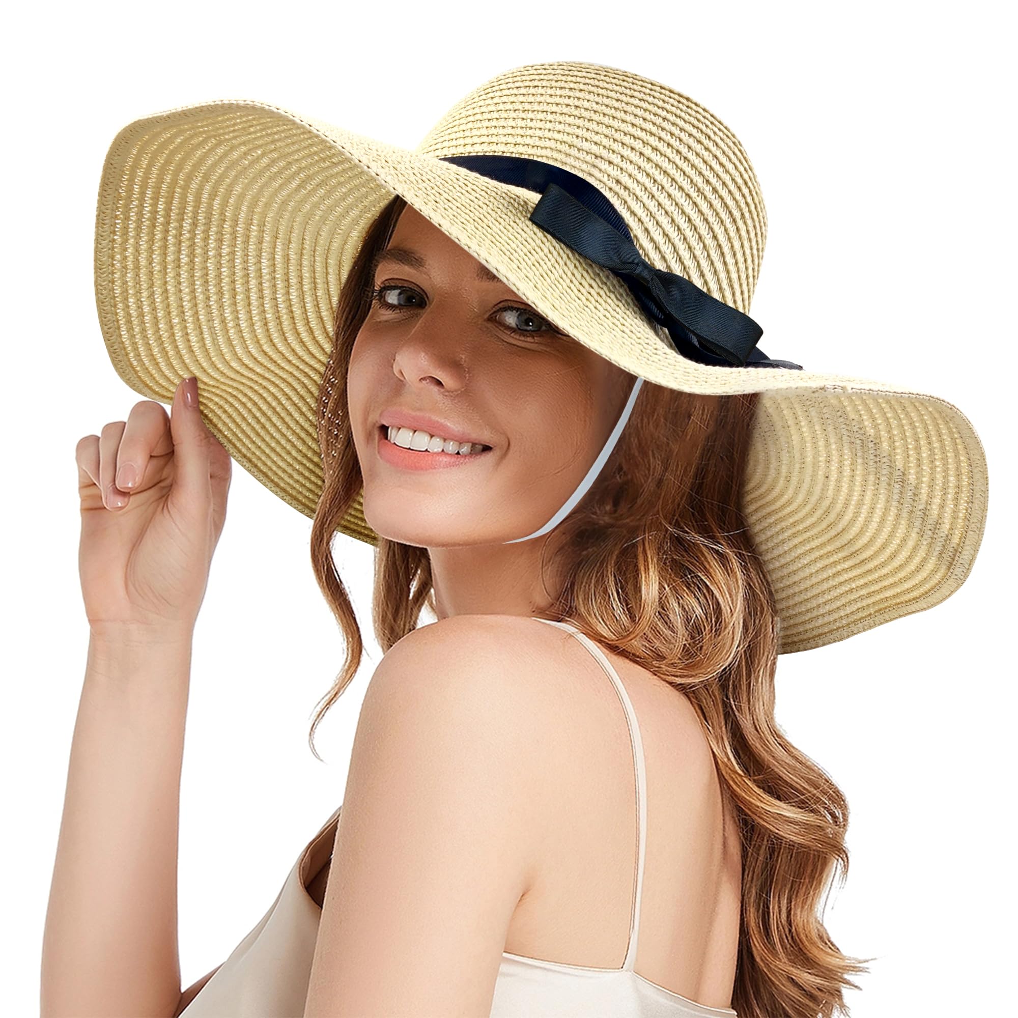 beifon Sombrero de paja para mujer, de verano, plegable, protección UV, con ala ancha, sombrero de verano con correa elástica para la barbilla, sombreros de sol para mujer, sombrero de playa, sombrero