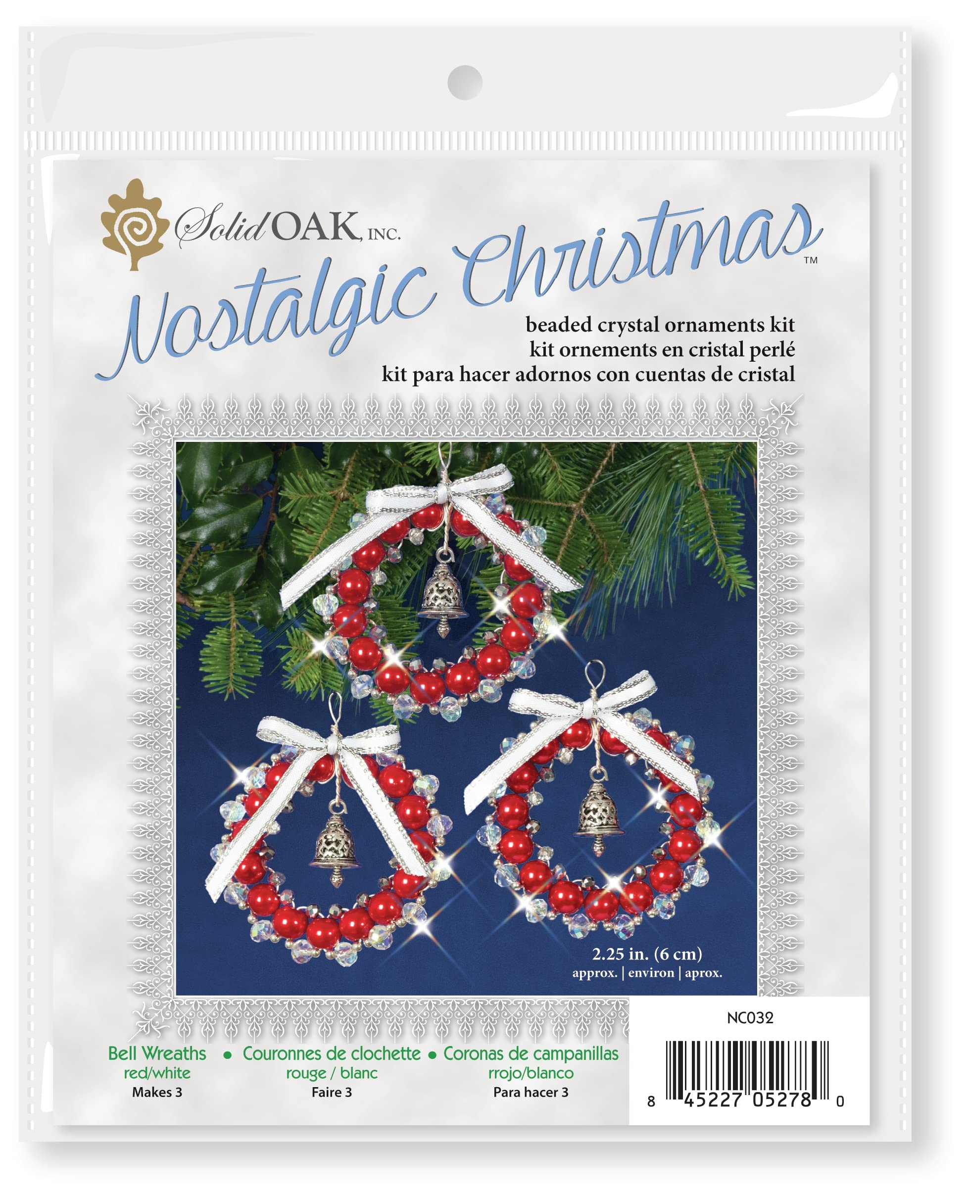 SOLID OAK Bell Wreaths Red/White/Silver Makes 3 Nostalgic Christmas Beaded Cyrstal Ornament Kit