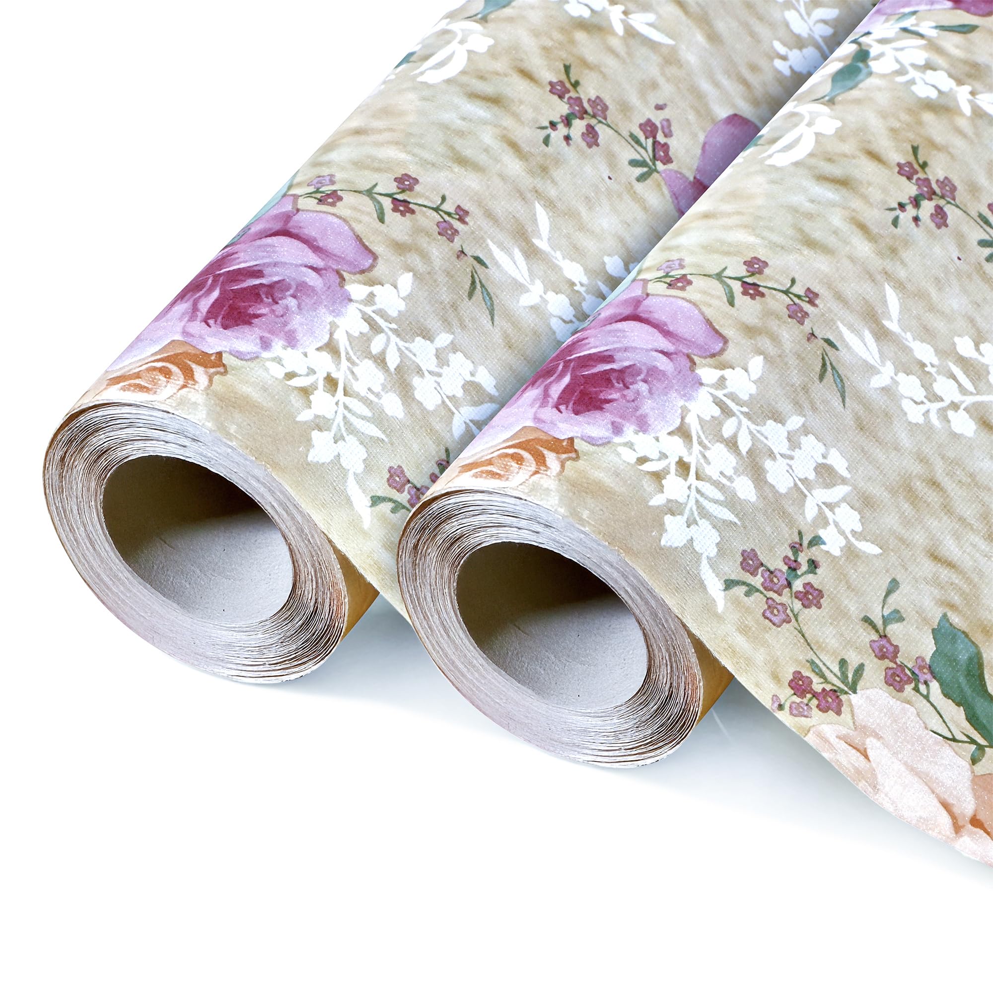 Kuber Industries 2 Pcs PVC 5 Mtr Waterproof Shelf Liners for Kitchen Shelves | Cupboard Mat for Wardrobe | Kitchen Shelf Mats Roll | Flower Design - Beige