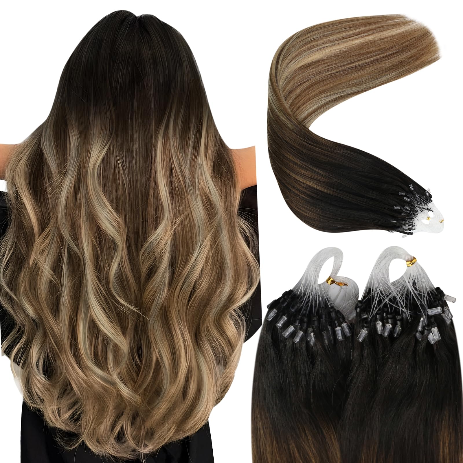 YoungSee Microring Extensions Balayage Micro Ring Hair Extensions Braun Balayage Blond Haarverlangerung Echthaar Microring Invisible Micro Haarextension Echthaar Remy Glatt 50 CM 50g 2/6/24